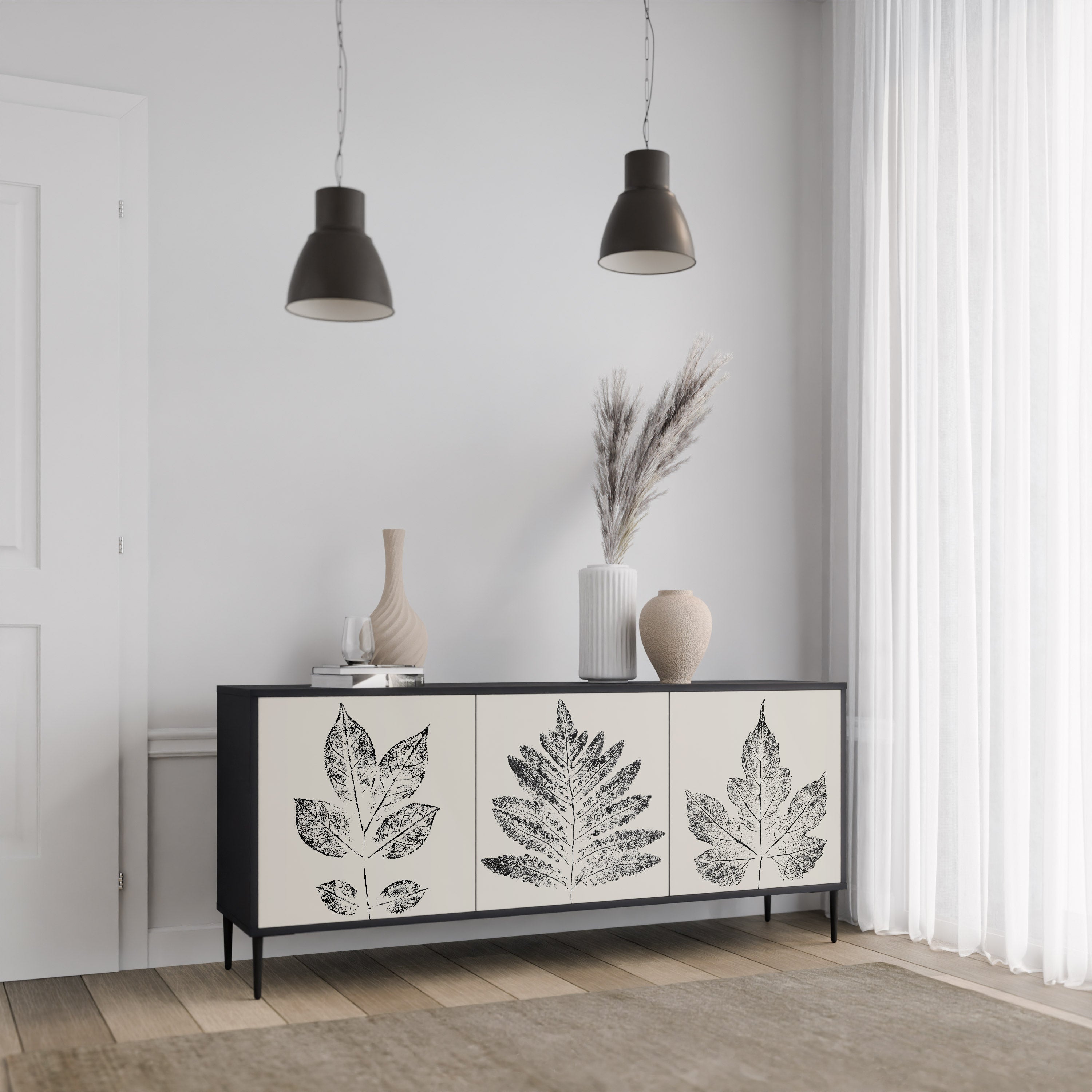 LEAFY STAMPS 3-Door Sideboard in Black Finish