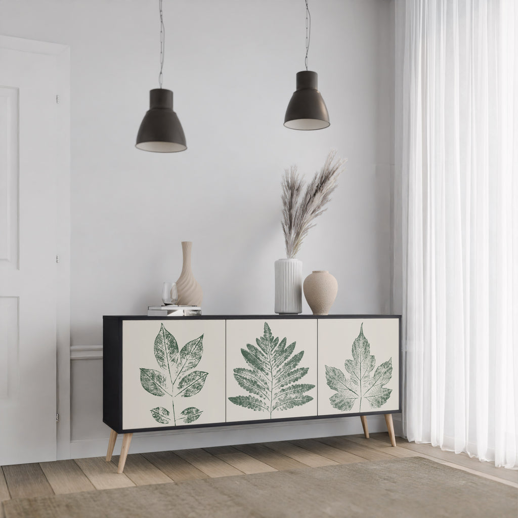 GREEN LEAFY STAMPS 3-Door Sideboard in Black Finish