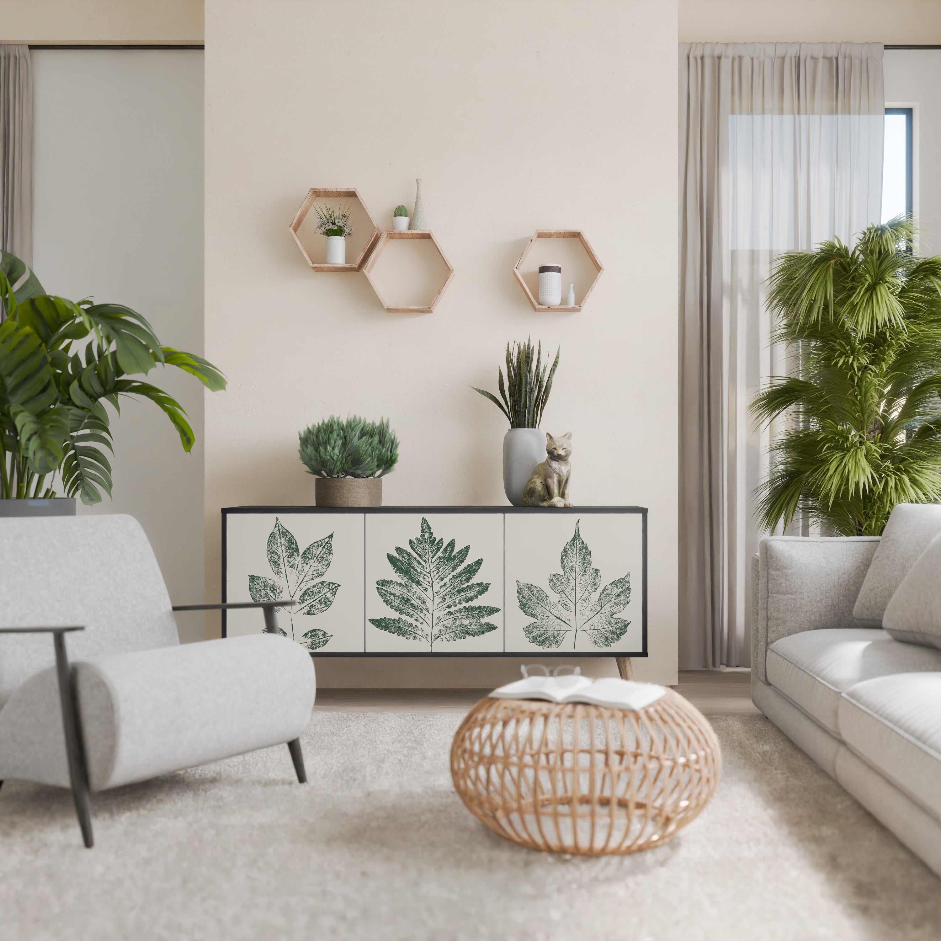 GREEN LEAFY STAMPS 3-Door Sideboard in Black Finish