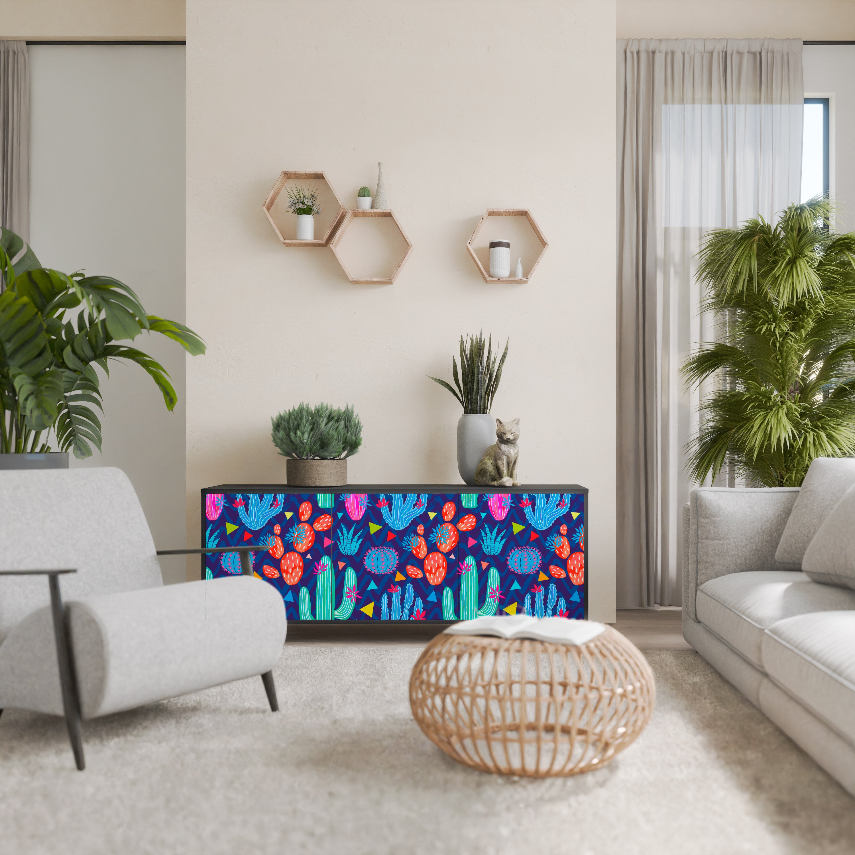 CACTUS VIBES 3-Door Sideboard in Black Finish