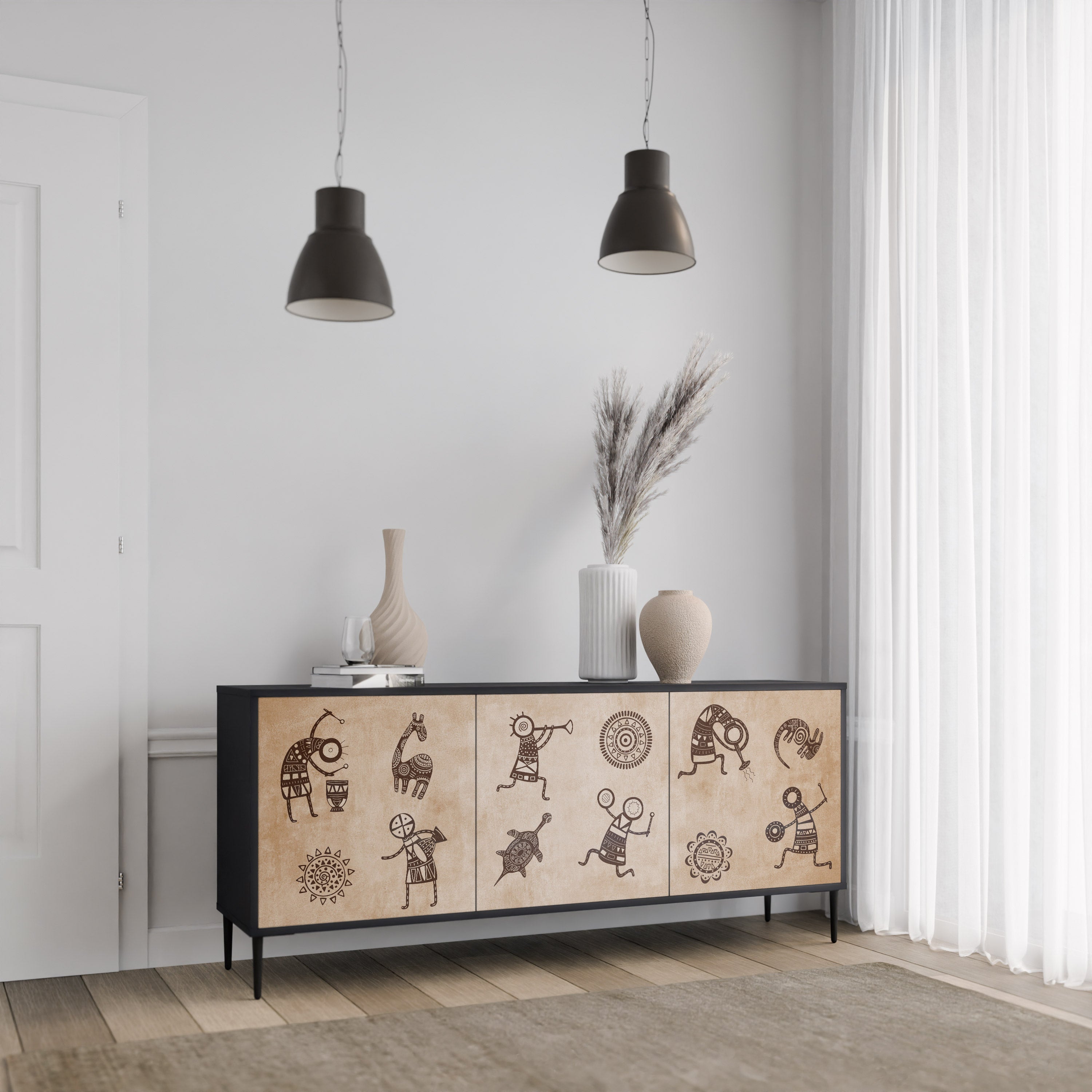 AFRICAN STYLE 3-Door Sideboard in Black Finish