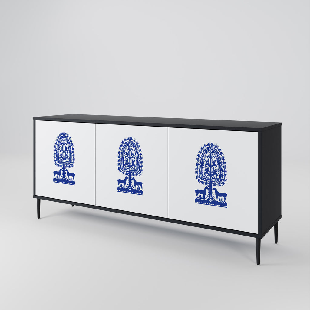 POLISH FOLK ART 3-Door Sideboard in Black Finish