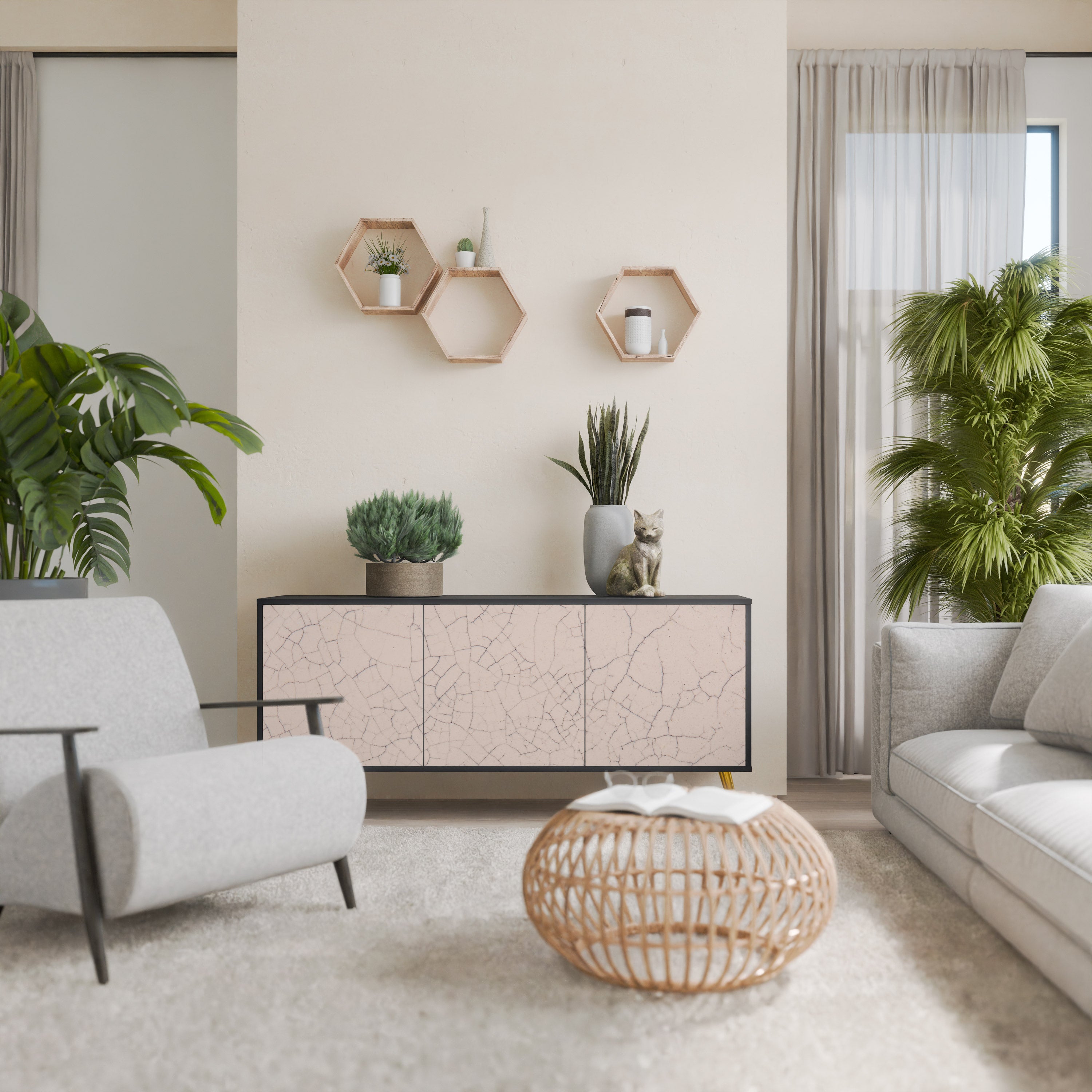 CERAMIC TEXTURE 3-Door Sideboard in Black Finish