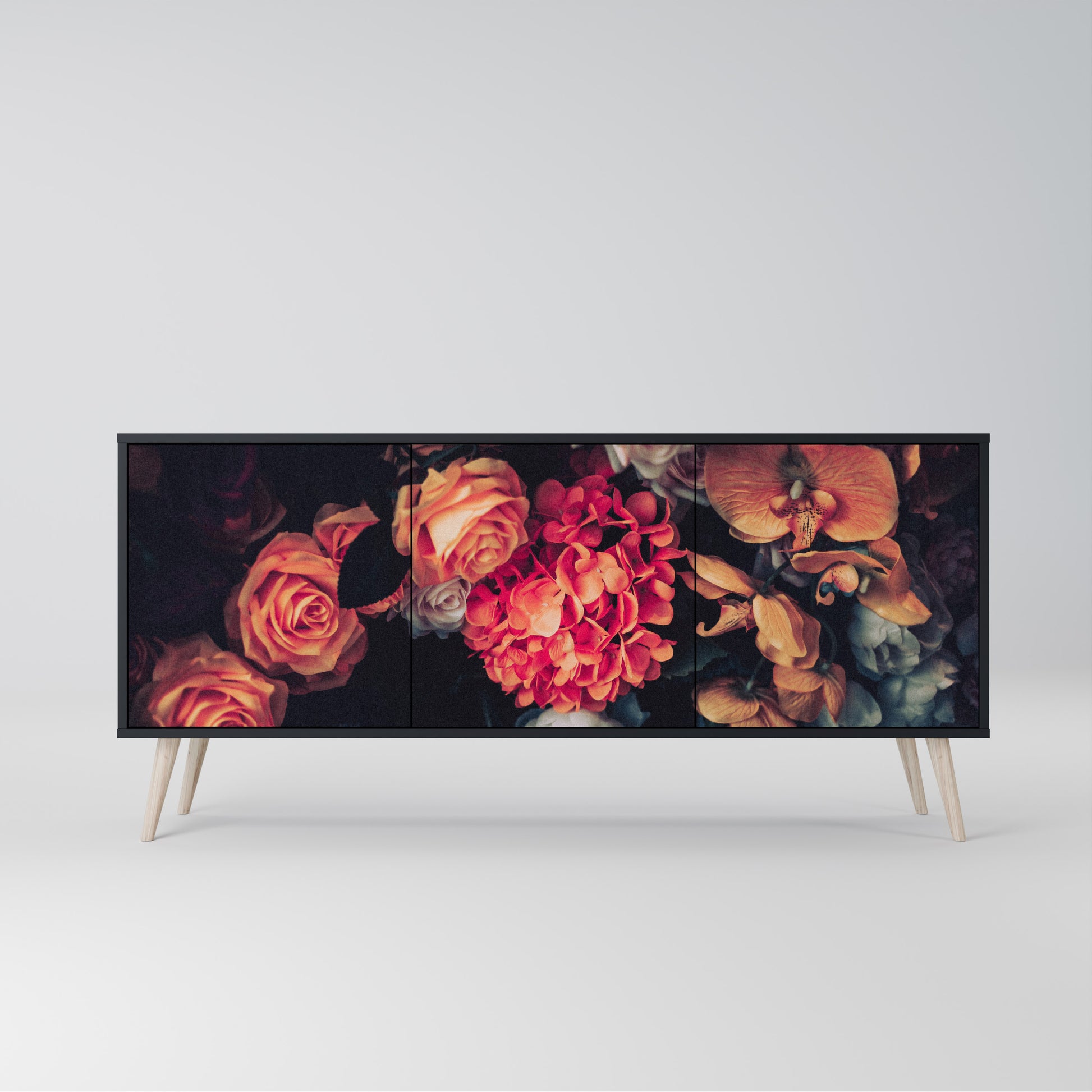 NEVERENDING BLOOM 3-Door Sideboard in Black Finish