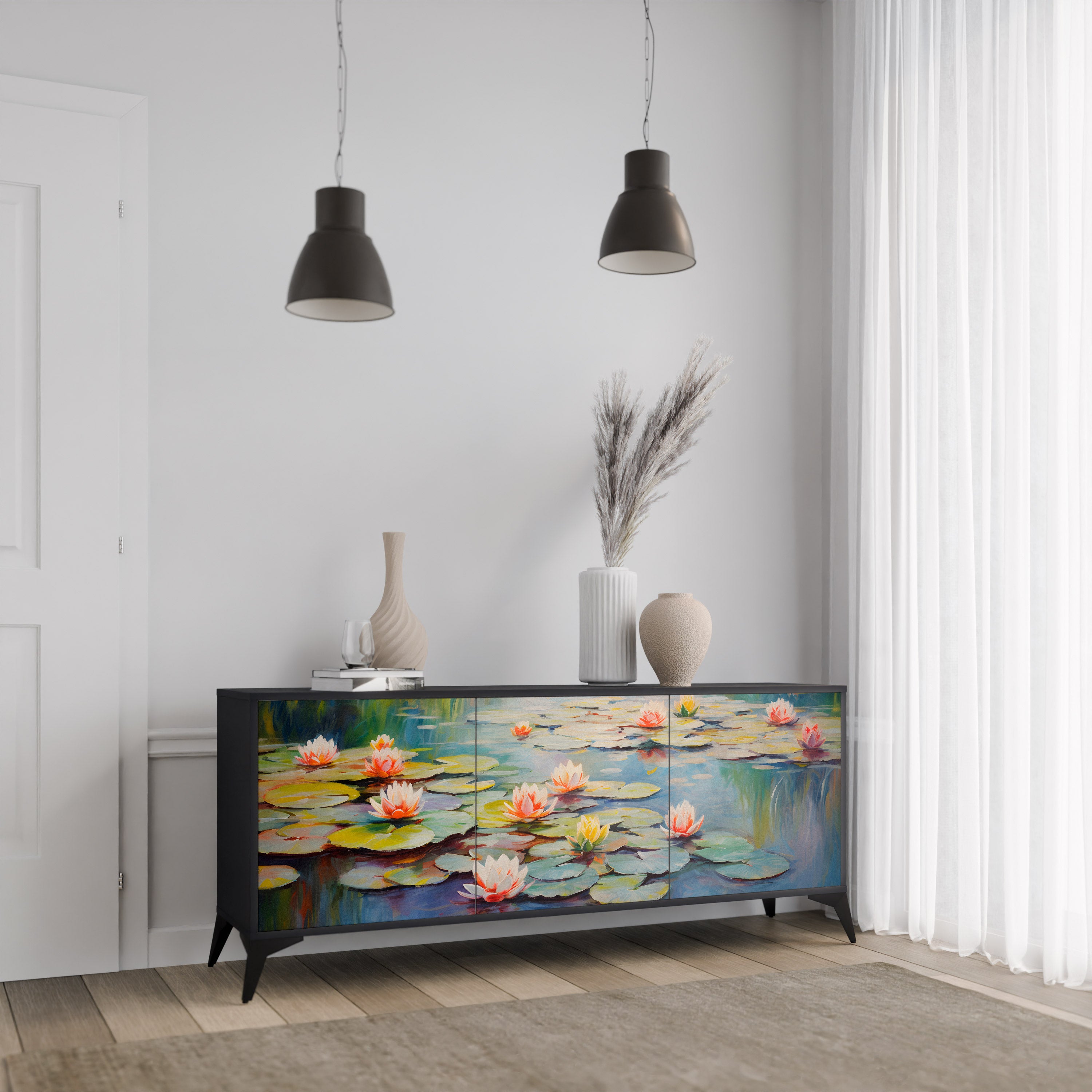 BLOOMING WATERS 3-Door Sideboard in Black Finish