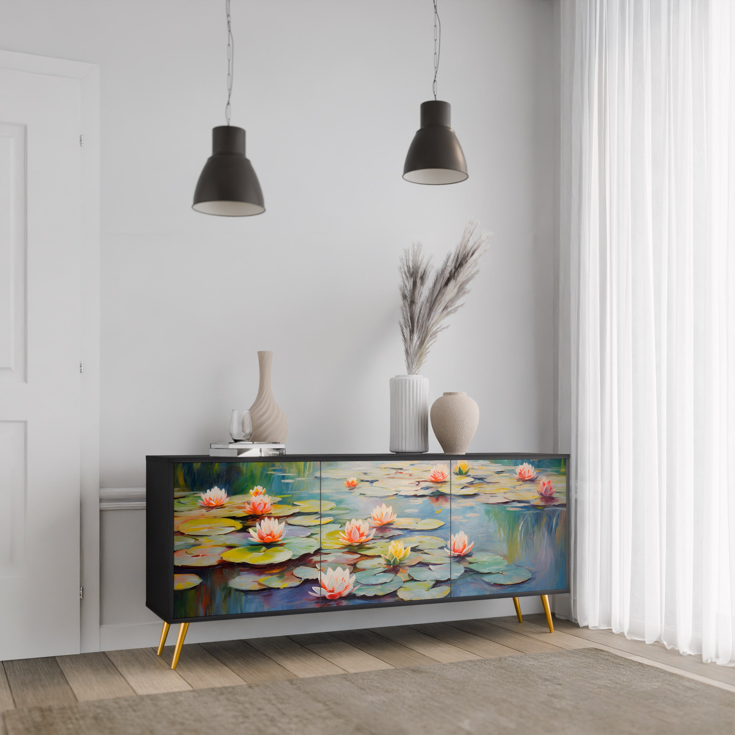 BLOOMING WATERS 3-Door Sideboard in Black Finish