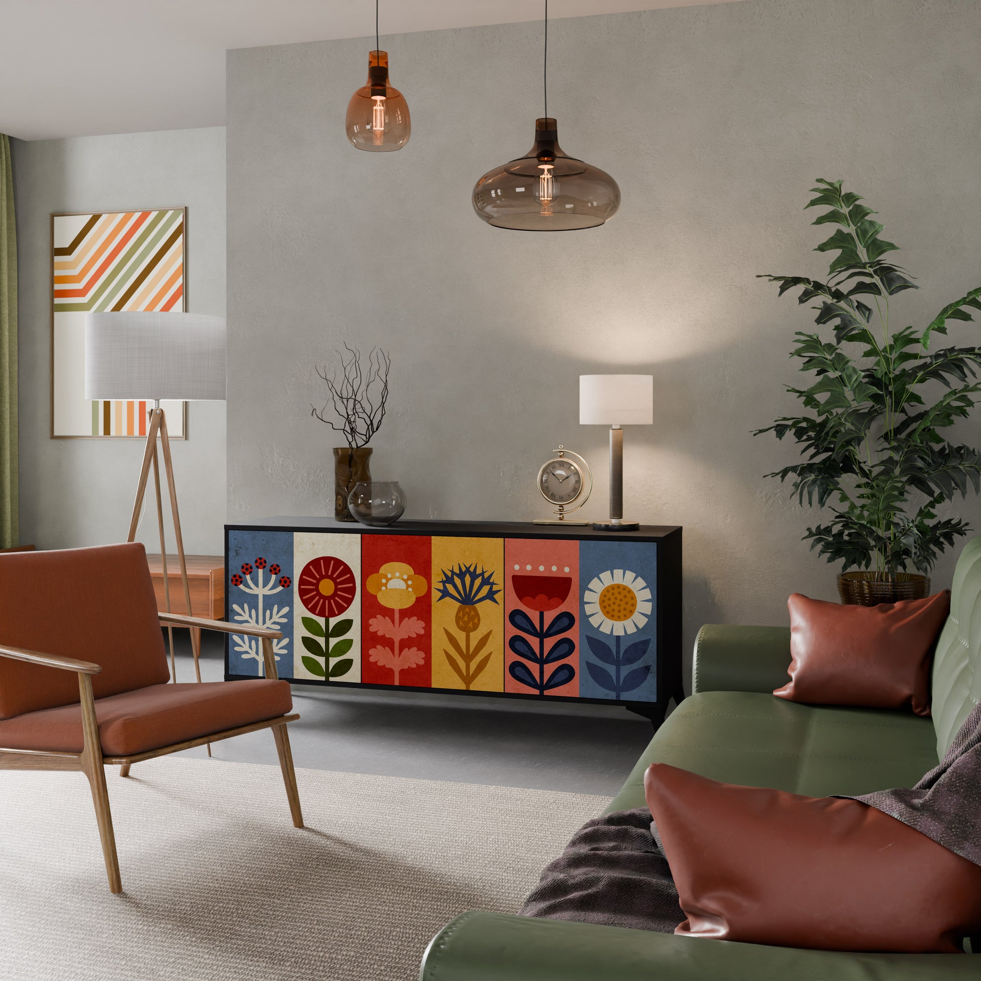 Aparador SCANDIC FLOWERET de 3 puertas con acabado negro