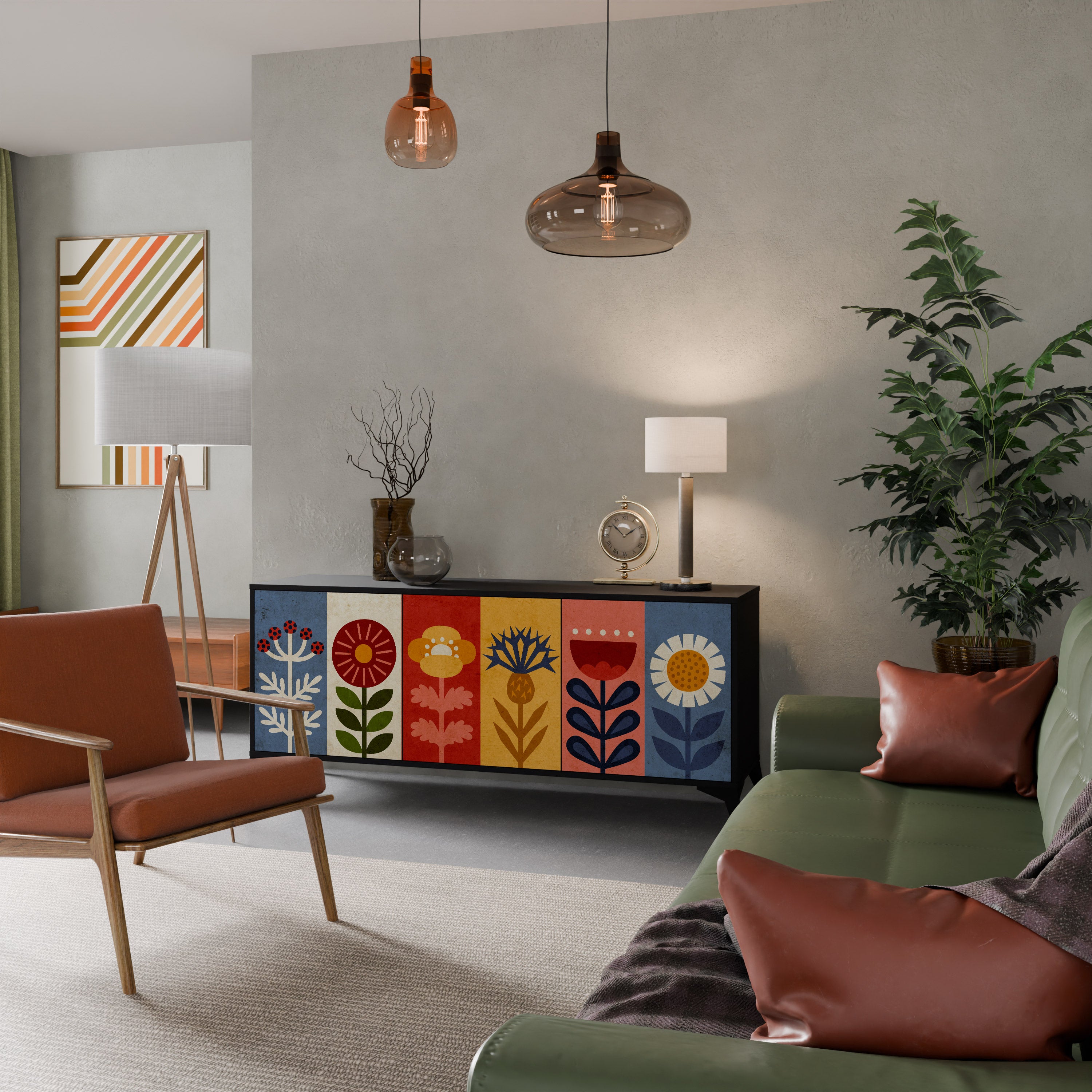 Aparador SCANDIC FLOWERET de 3 puertas con acabado negro