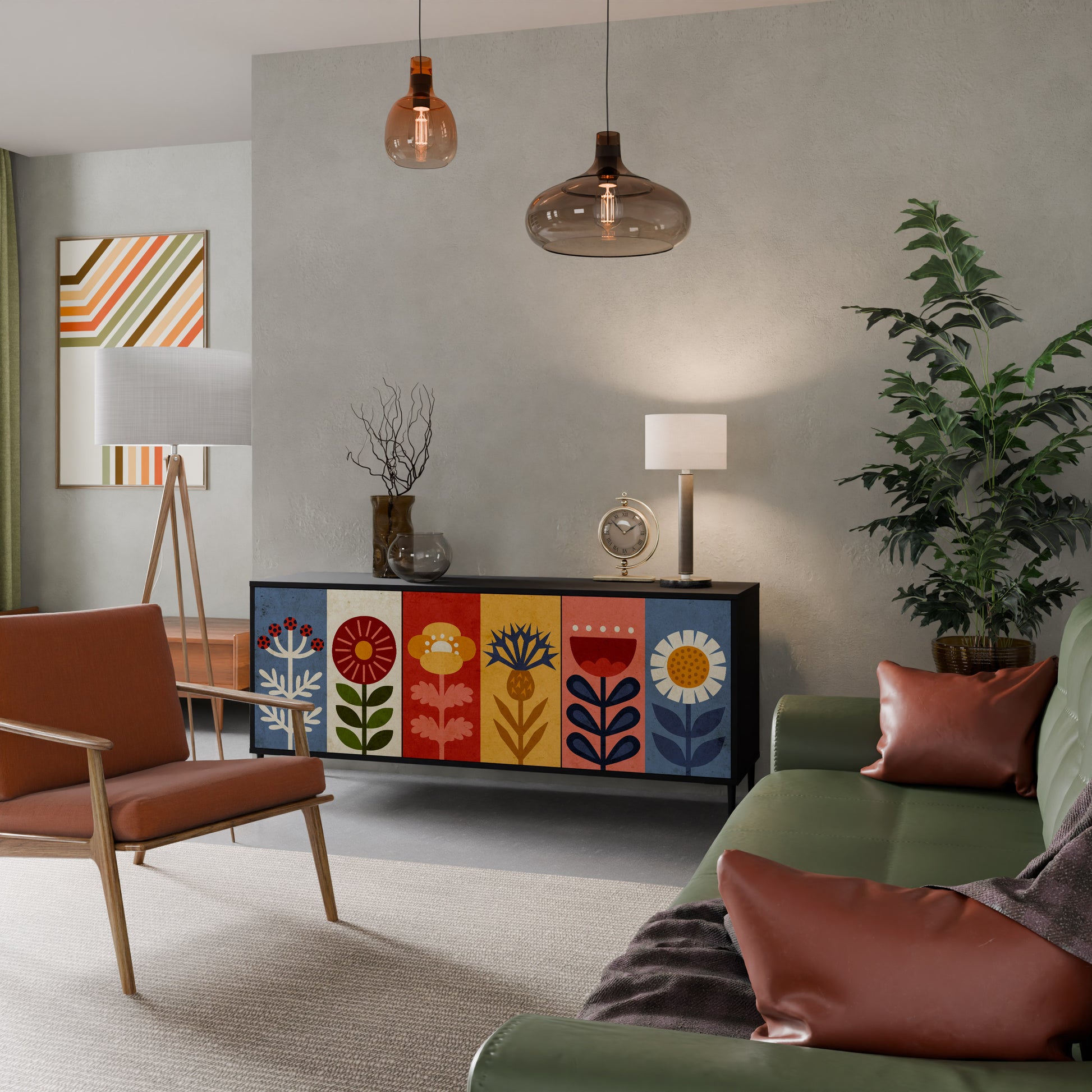 Aparador SCANDIC FLOWERET de 3 puertas con acabado negro