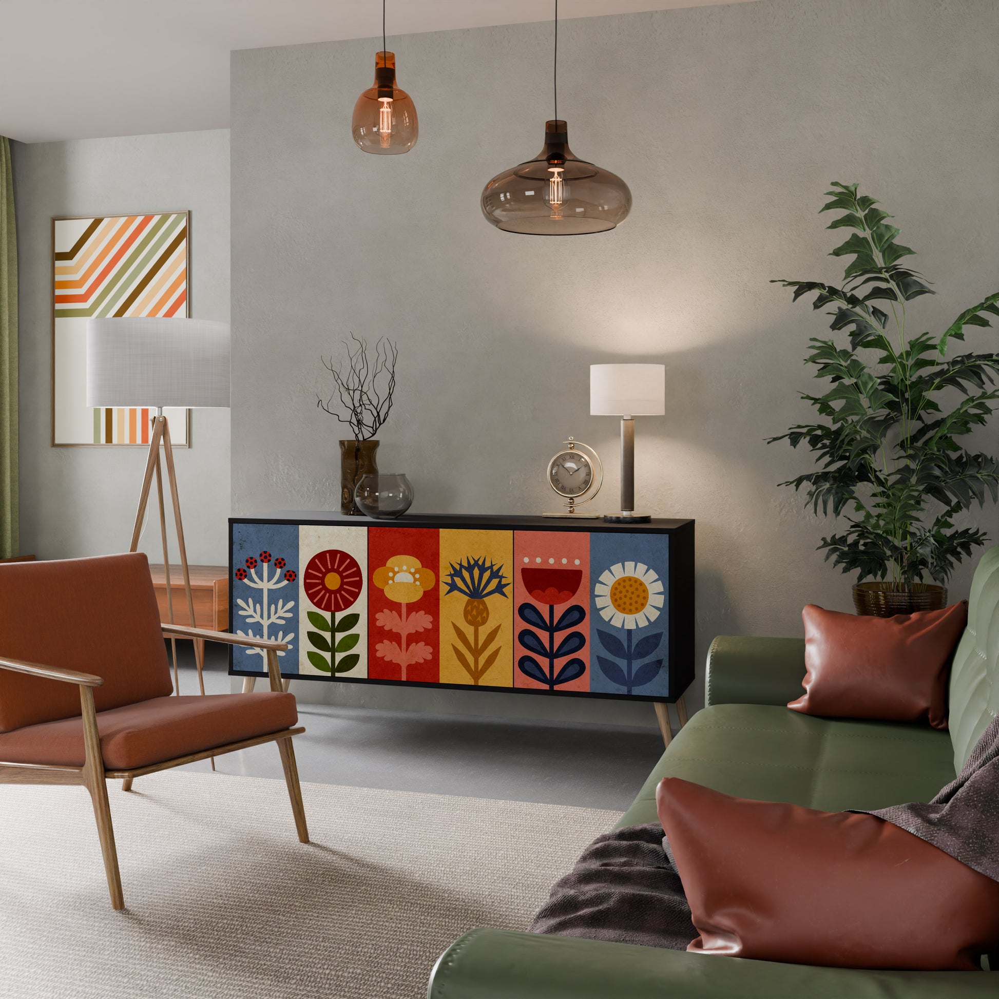 Aparador SCANDIC FLOWERET de 3 puertas con acabado negro