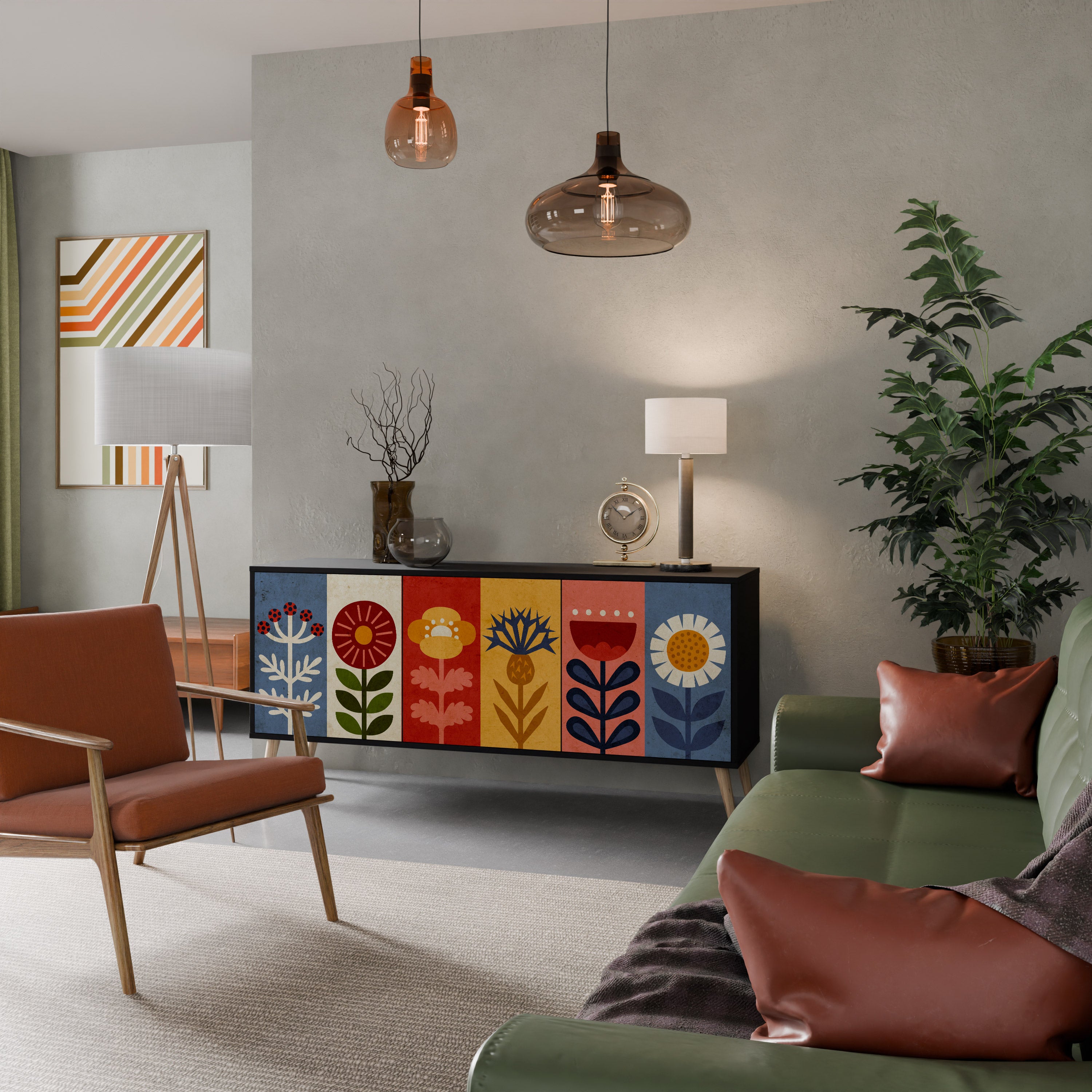 Aparador SCANDIC FLOWERET de 3 puertas con acabado negro
