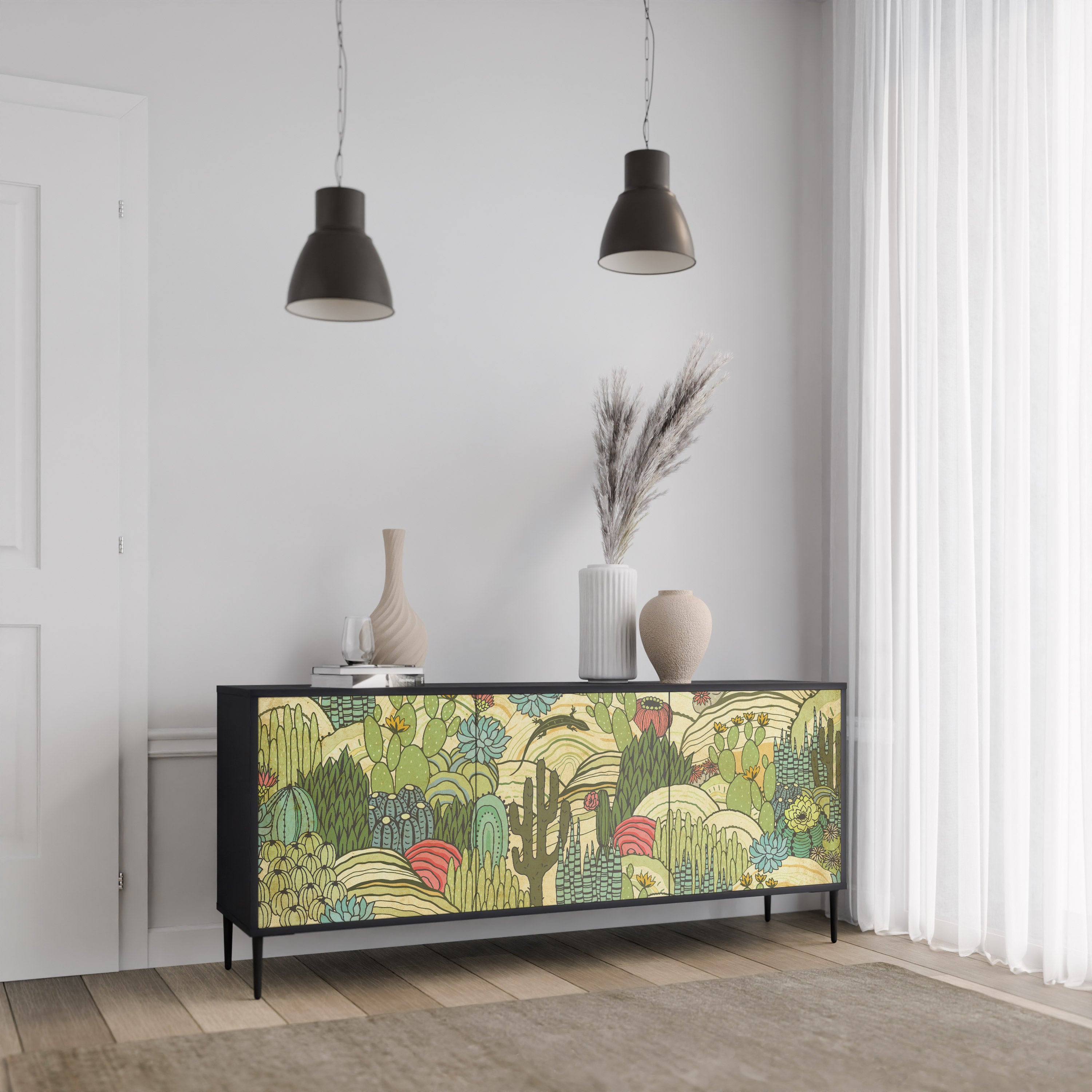 SUCCULENTS KALEIDOSCOPE 3-Door Sideboard in Black Finish