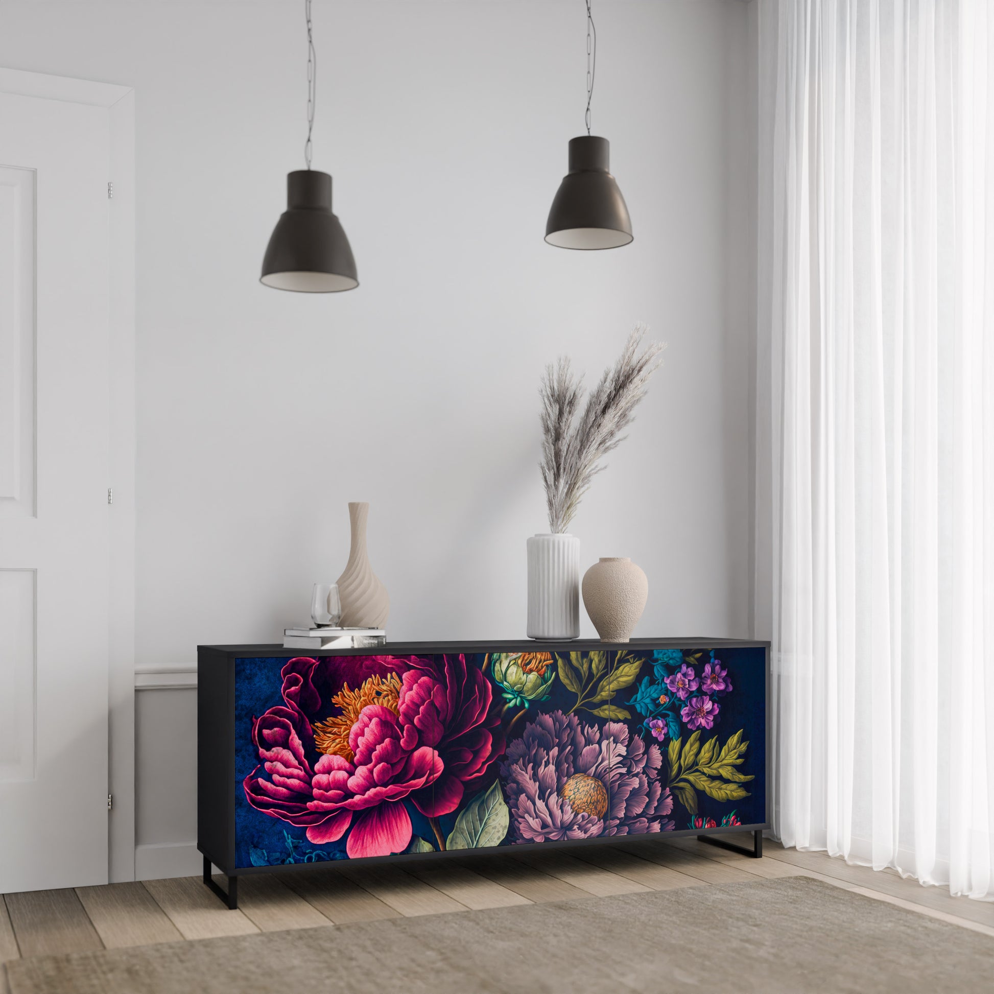 Aparador de 3 puertas BLOOMING ELEGANCE en acabado negro