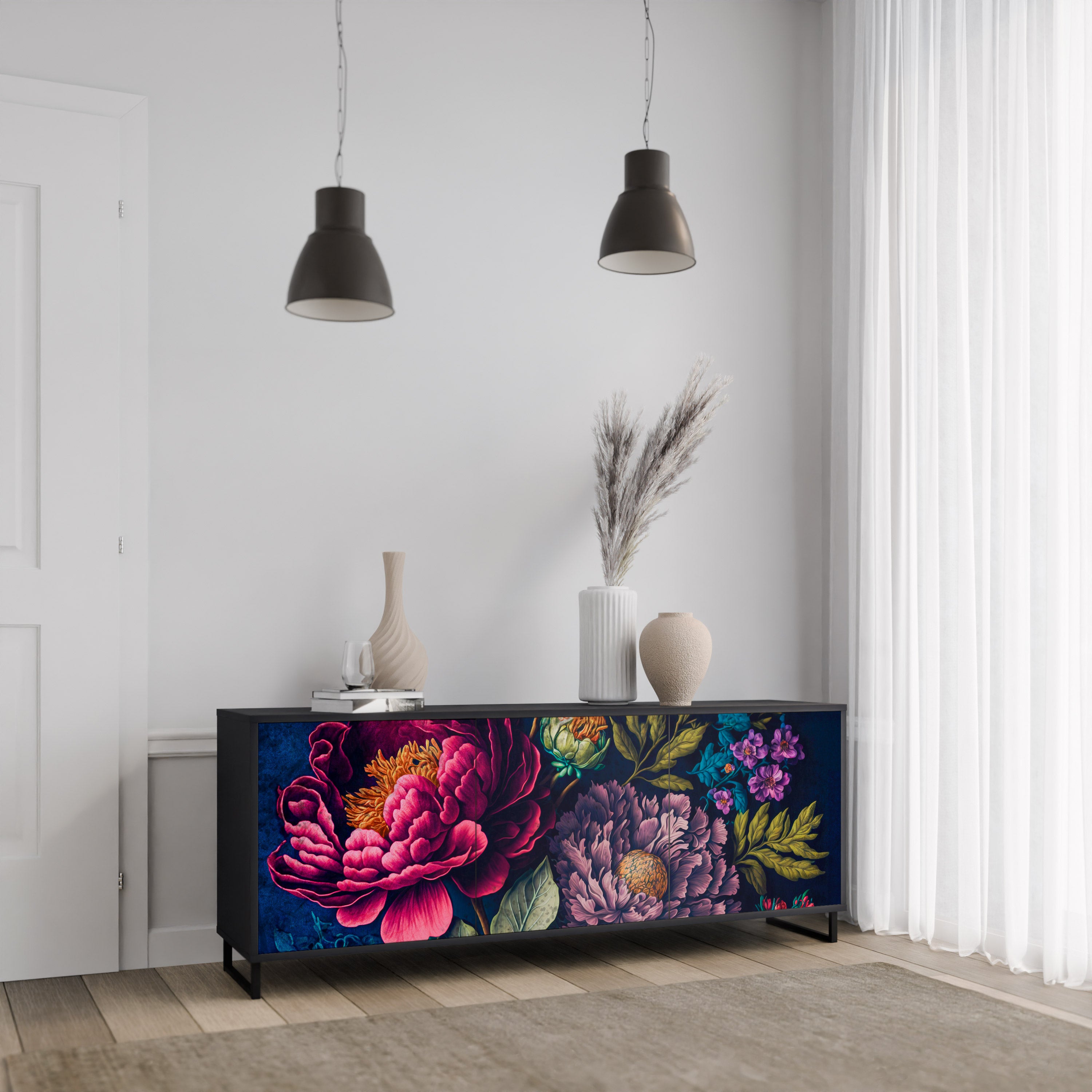 Aparador de 3 puertas BLOOMING ELEGANCE en acabado negro