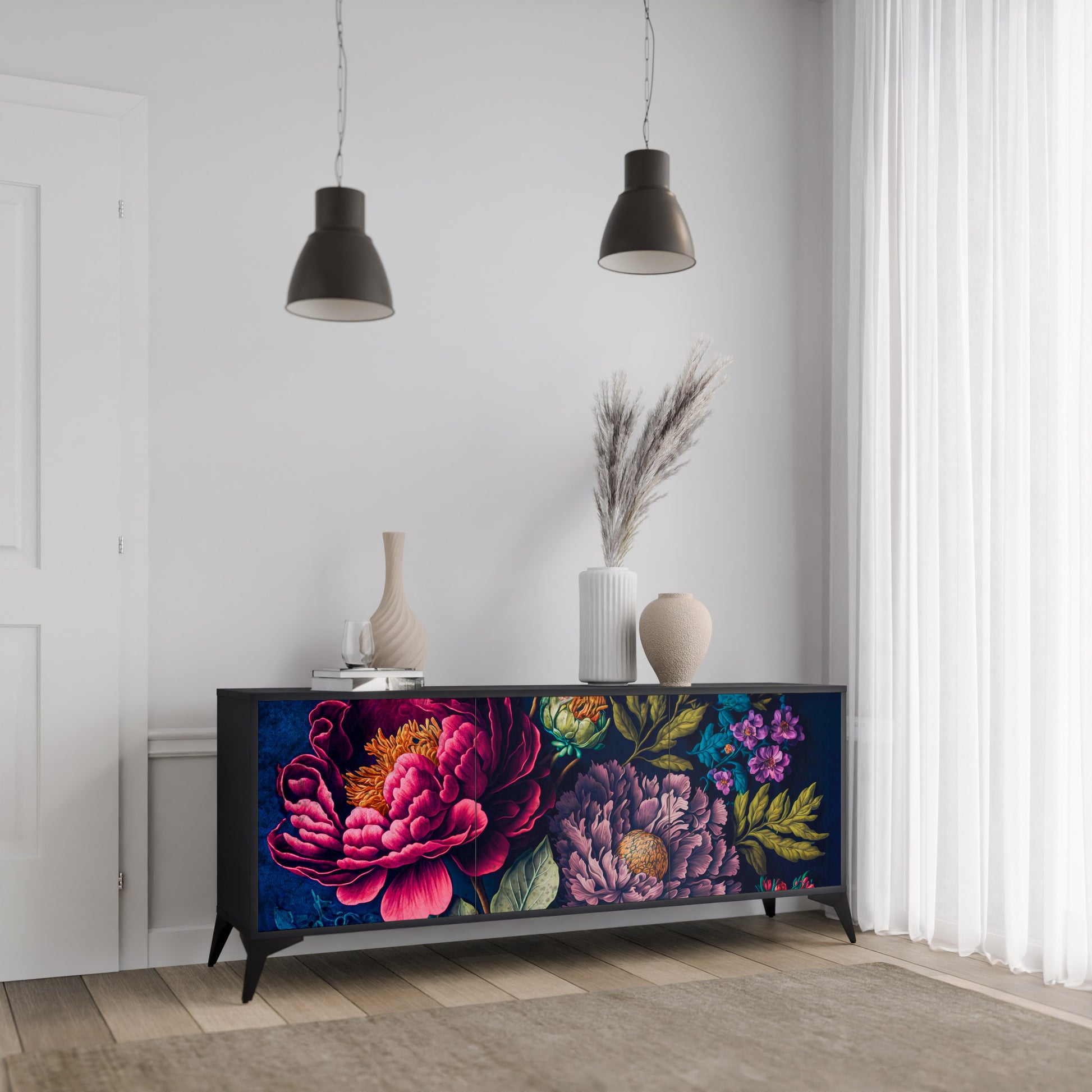 Aparador de 3 puertas BLOOMING ELEGANCE en acabado negro