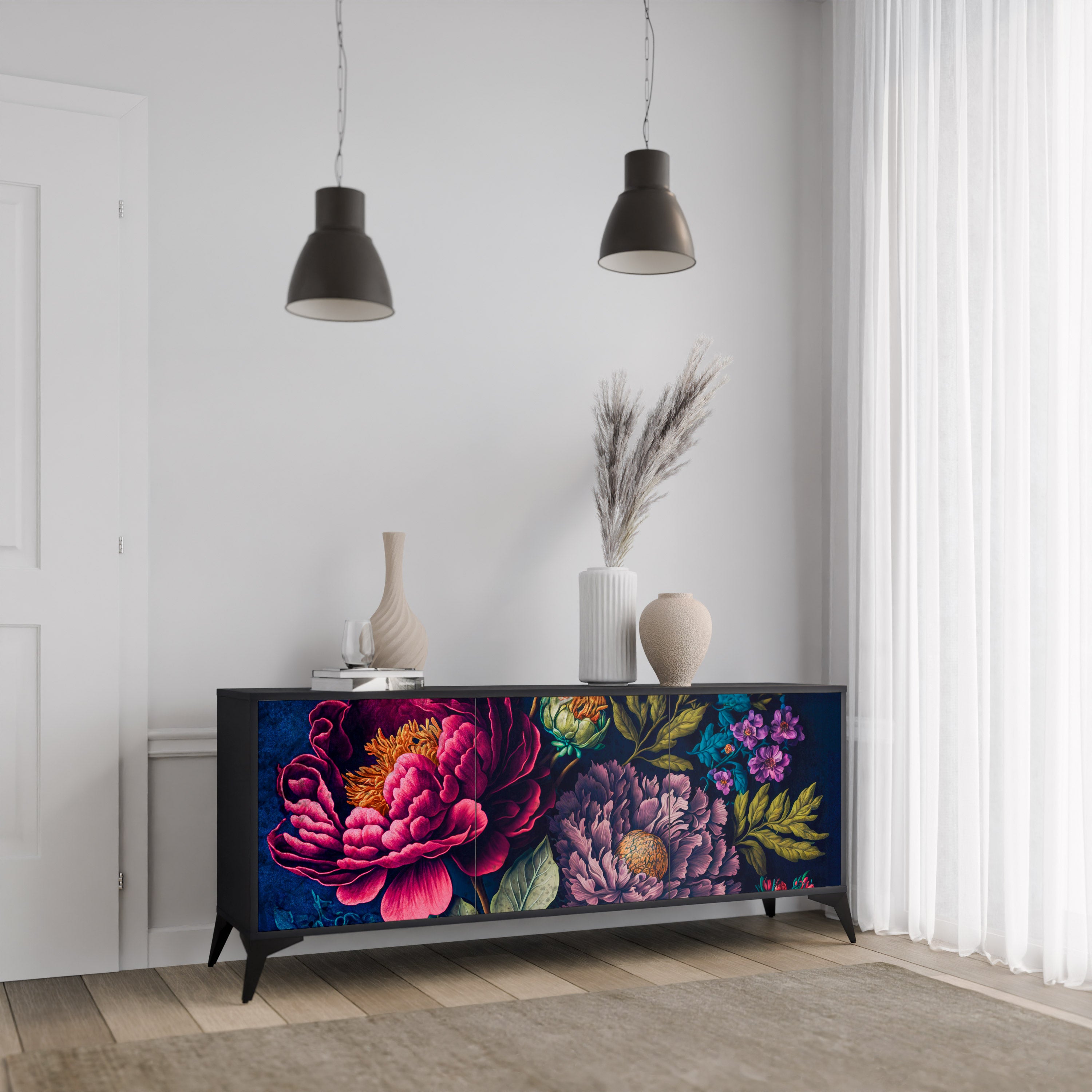 Aparador de 3 puertas BLOOMING ELEGANCE en acabado negro