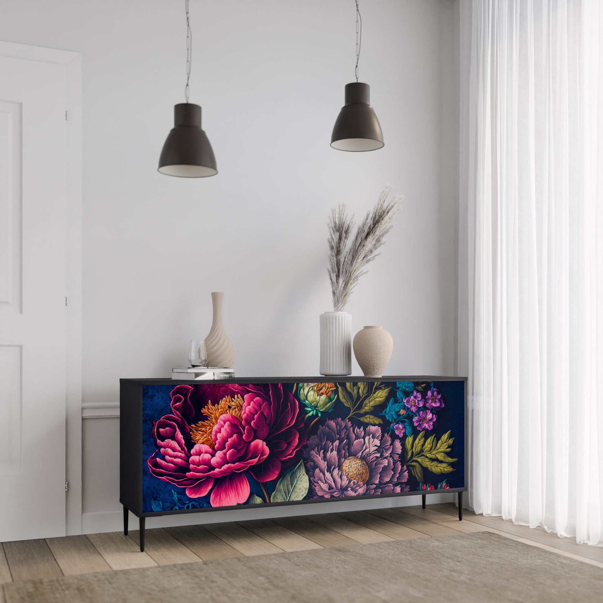Aparador de 3 puertas BLOOMING ELEGANCE en acabado negro