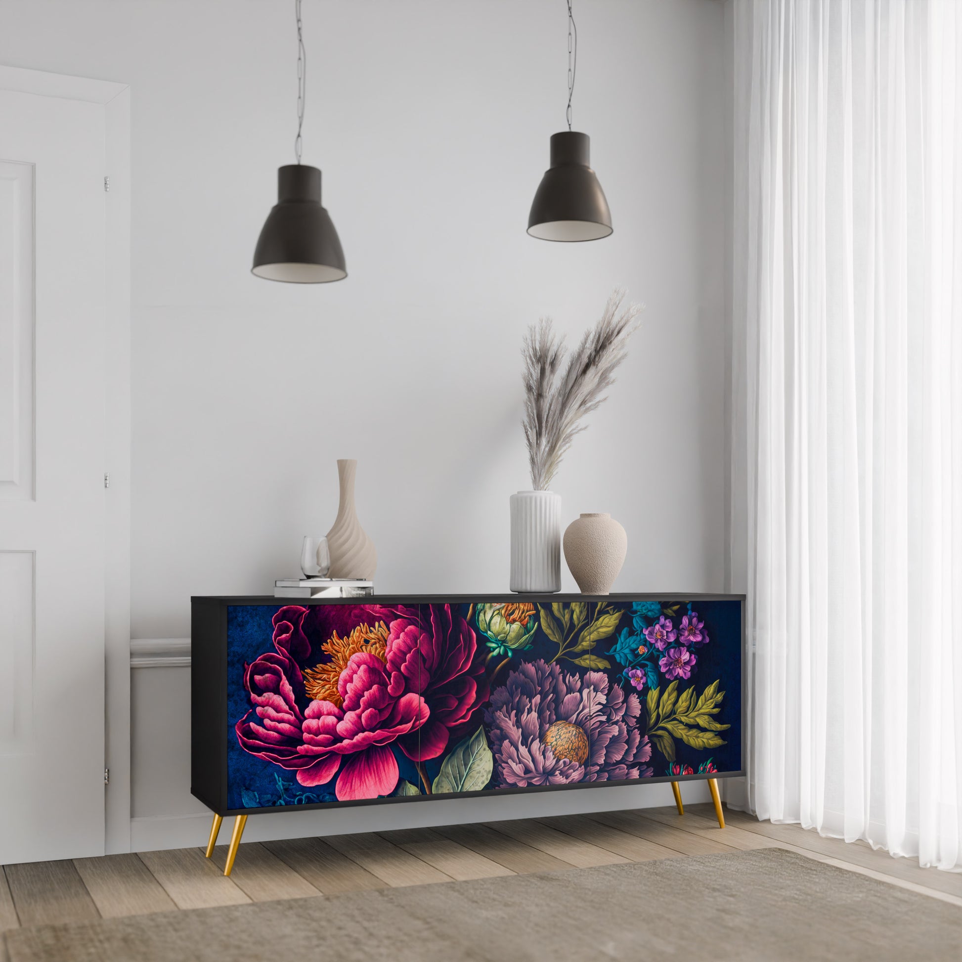 Aparador de 3 puertas BLOOMING ELEGANCE en acabado negro