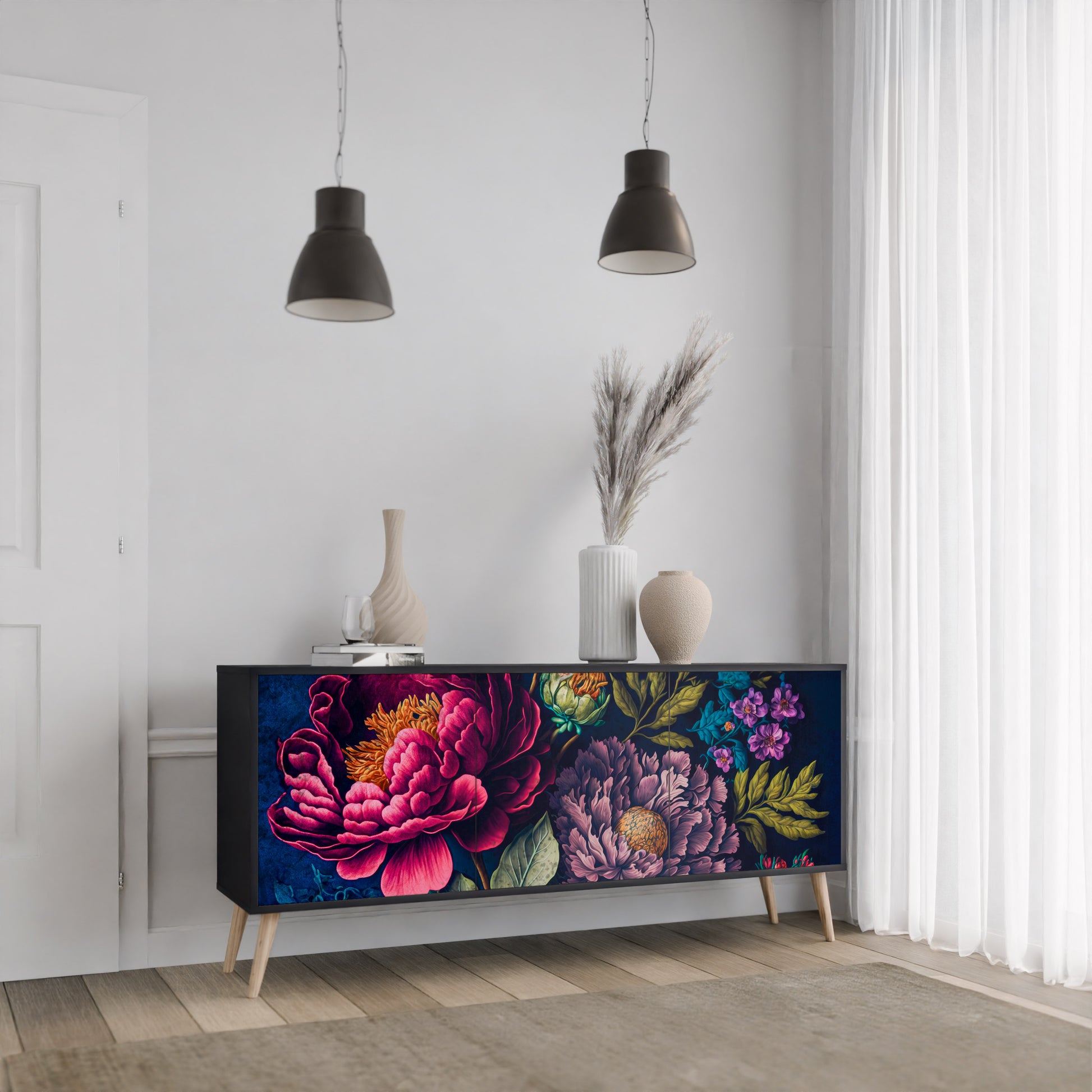 Aparador de 3 puertas BLOOMING ELEGANCE en acabado negro