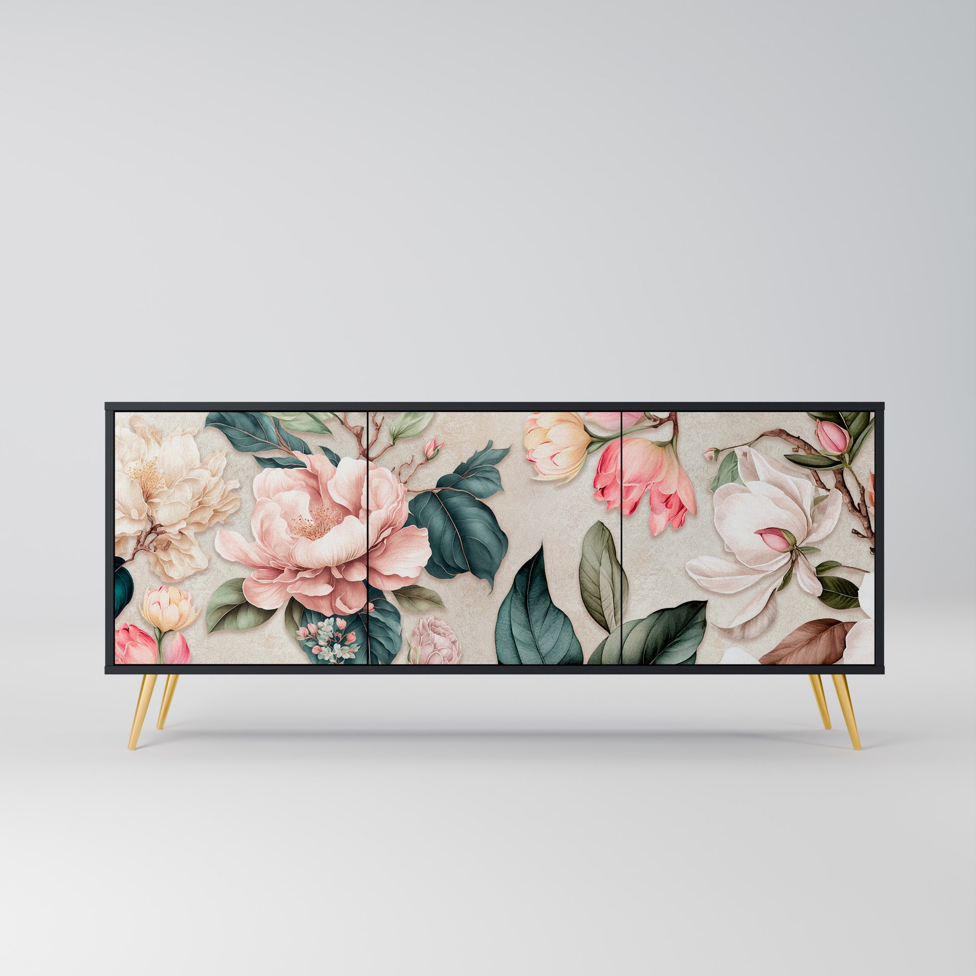 FLORAL GRACE 3-Door Sideboard in Black Finish