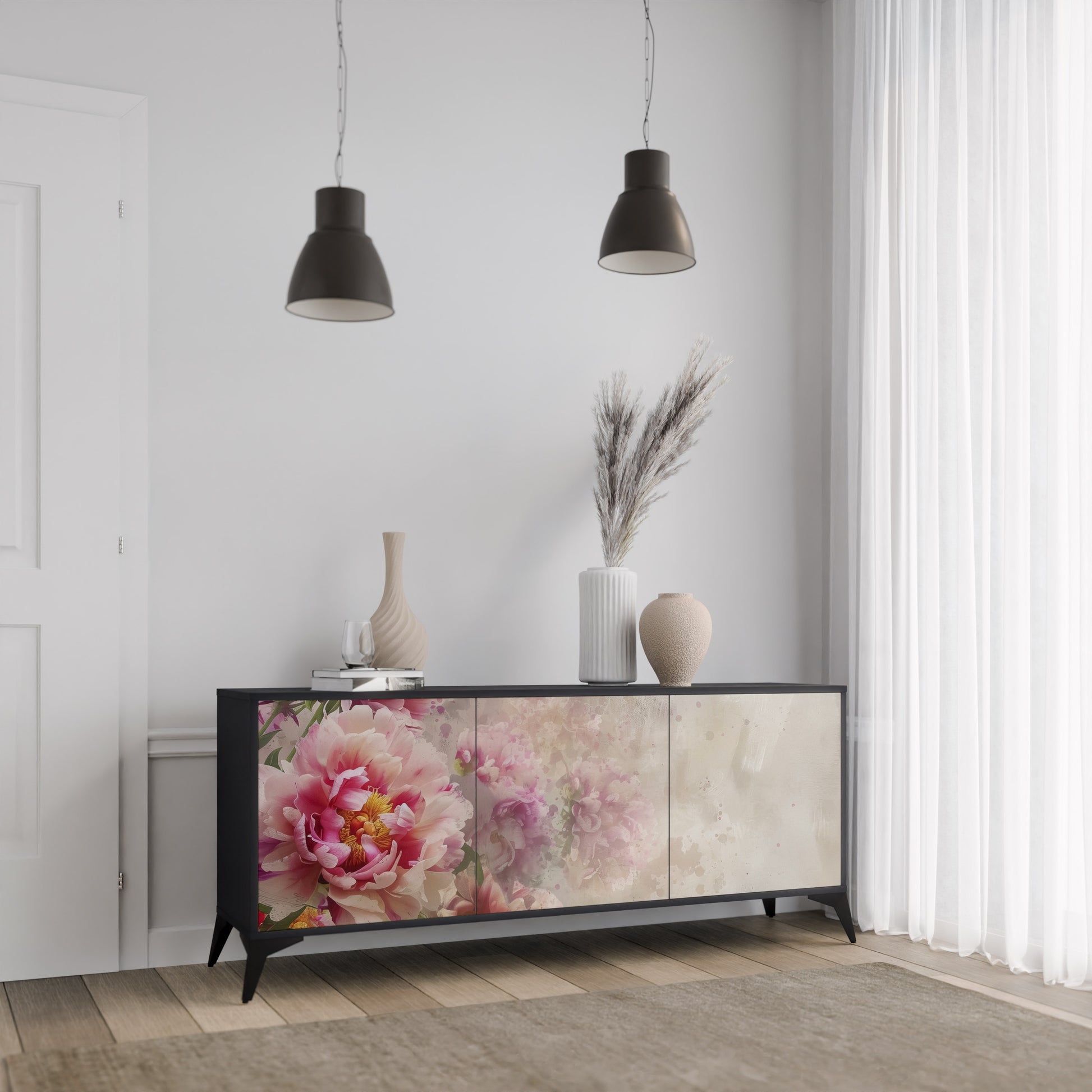 PEONY WHISPER 3-Door Sideboard in Black Finish