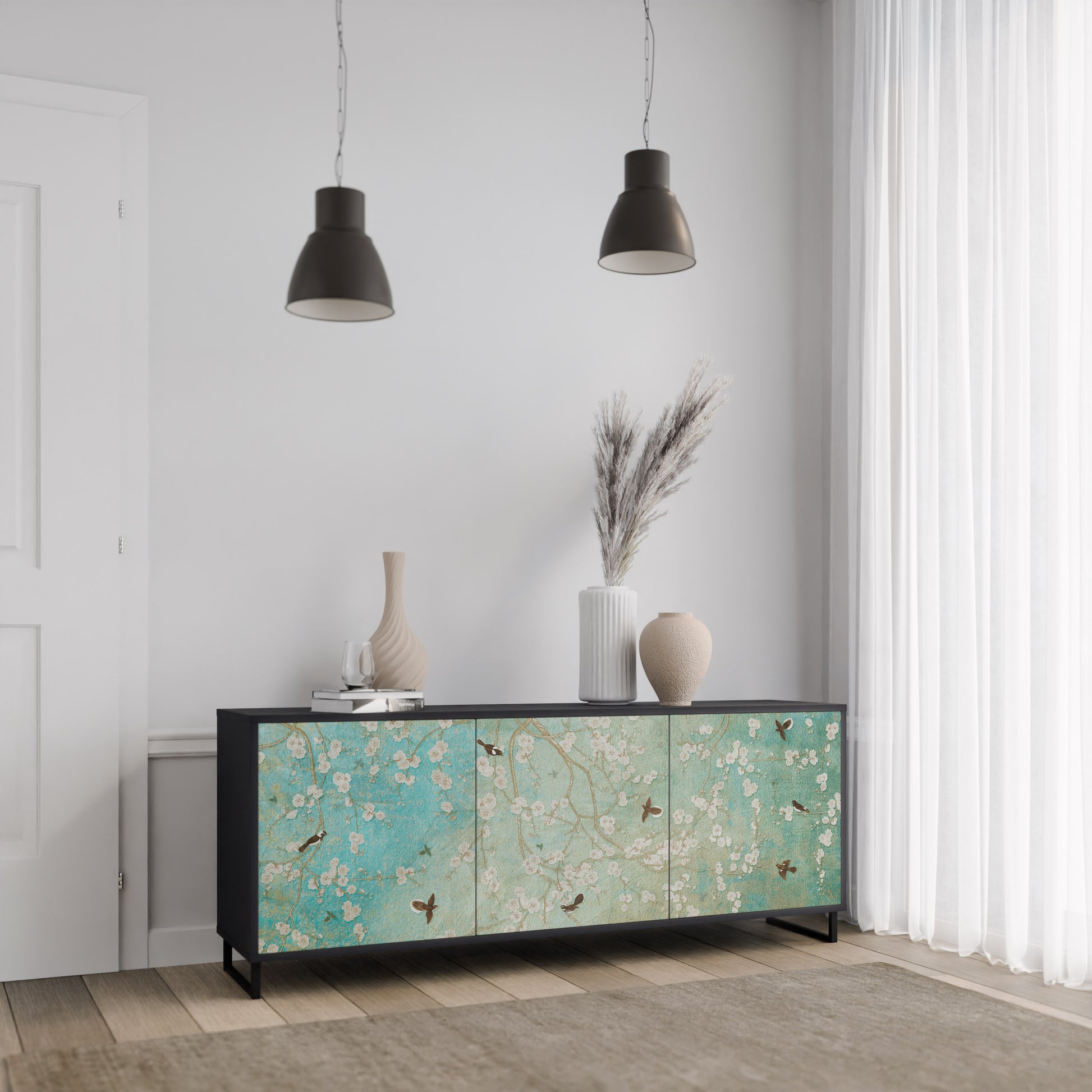 BLOOMING CHARM 3-Door Sideboard in Black Finish