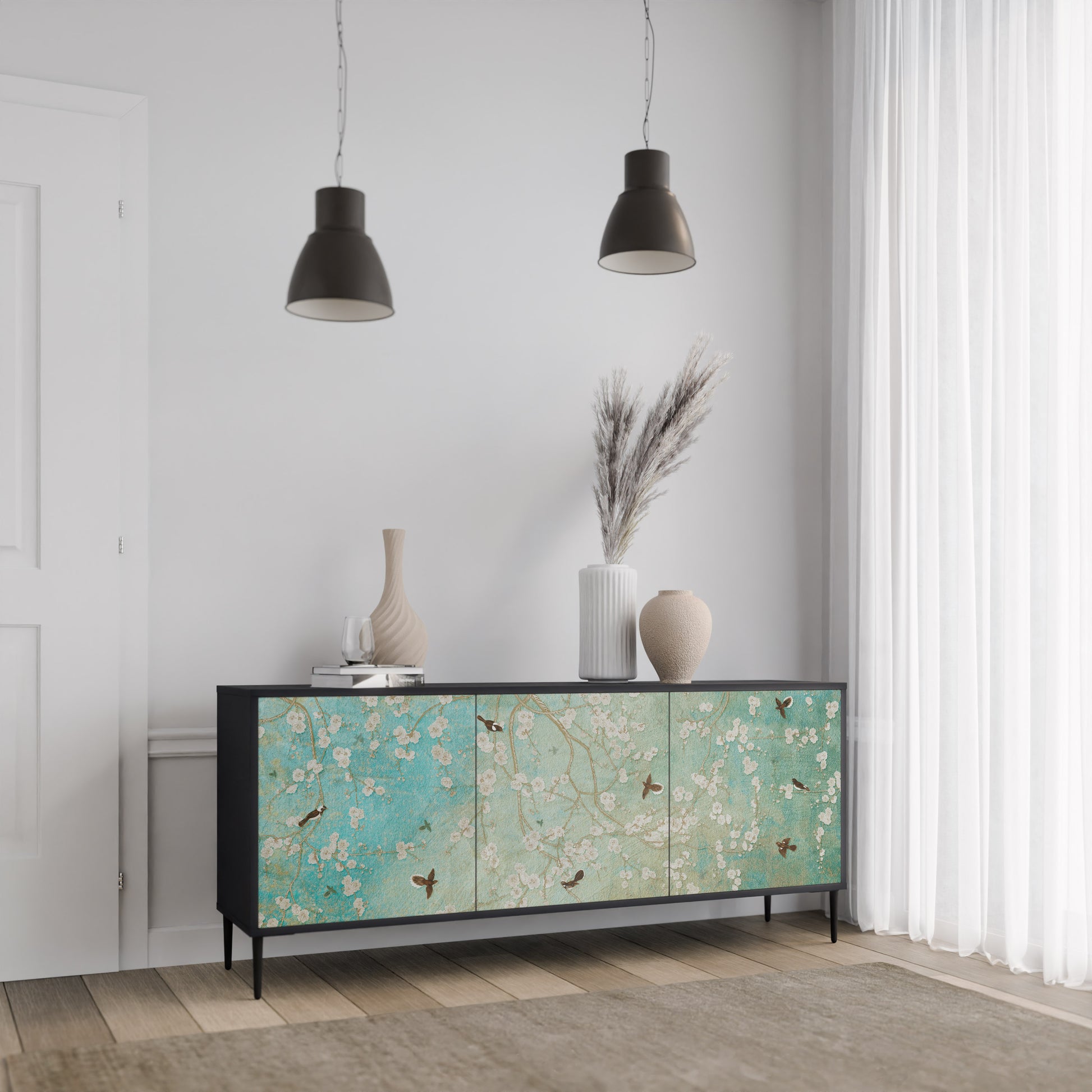 BLOOMING CHARM 3-Door Sideboard in Black Finish