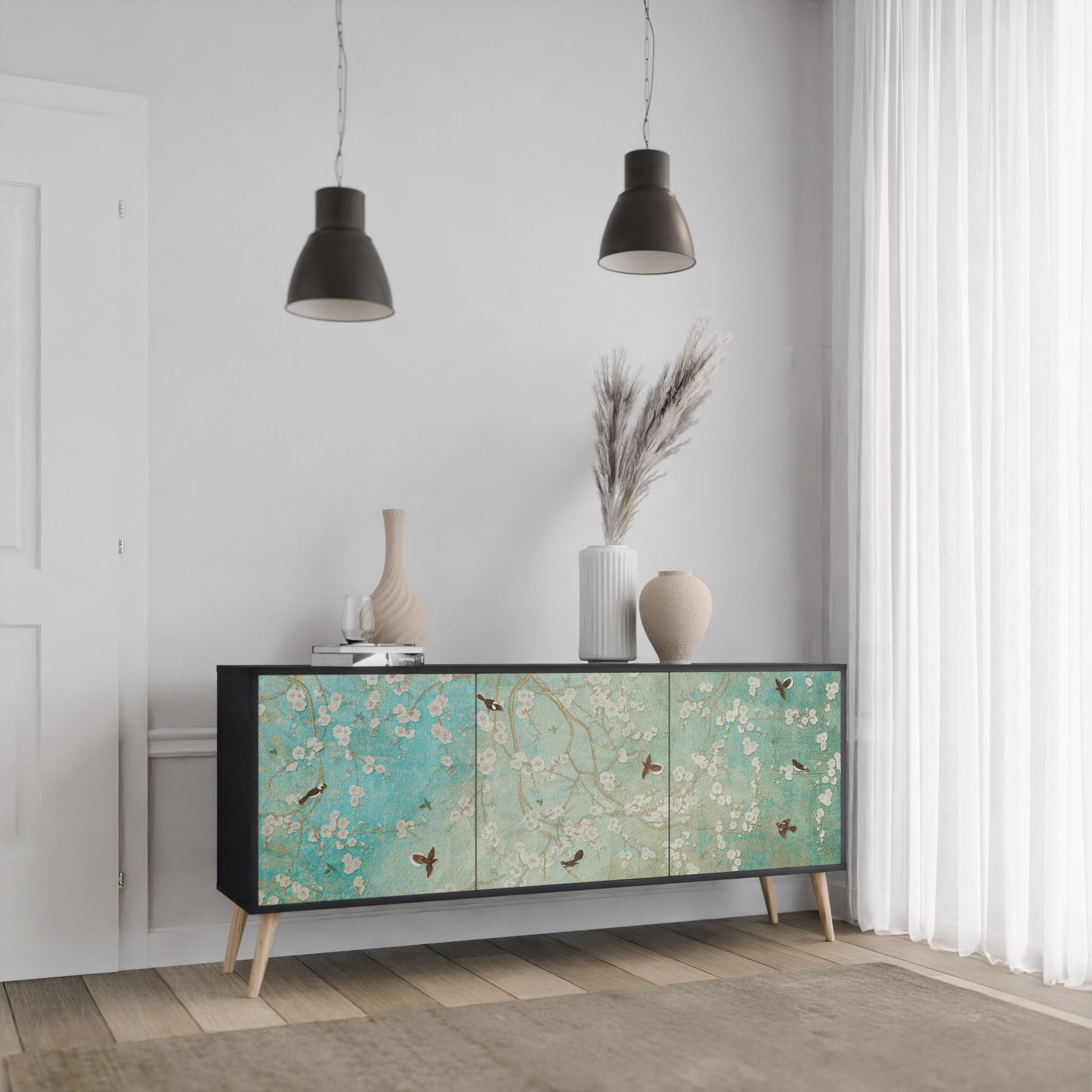 BLOOMING CHARM 3-Door Sideboard in Black Finish