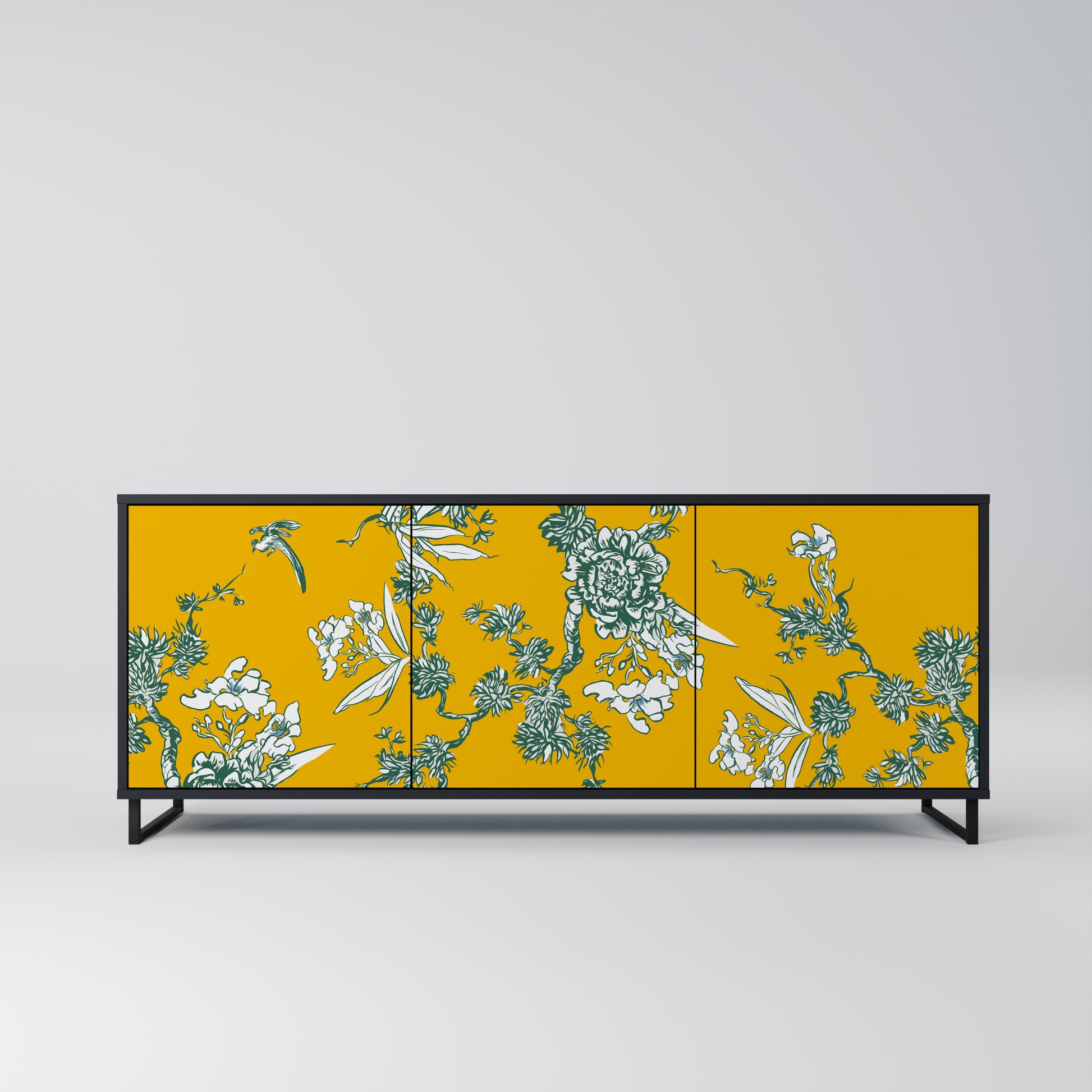 YELLOW CHINOISERIE 3-Door Sideboard in Black Finish
