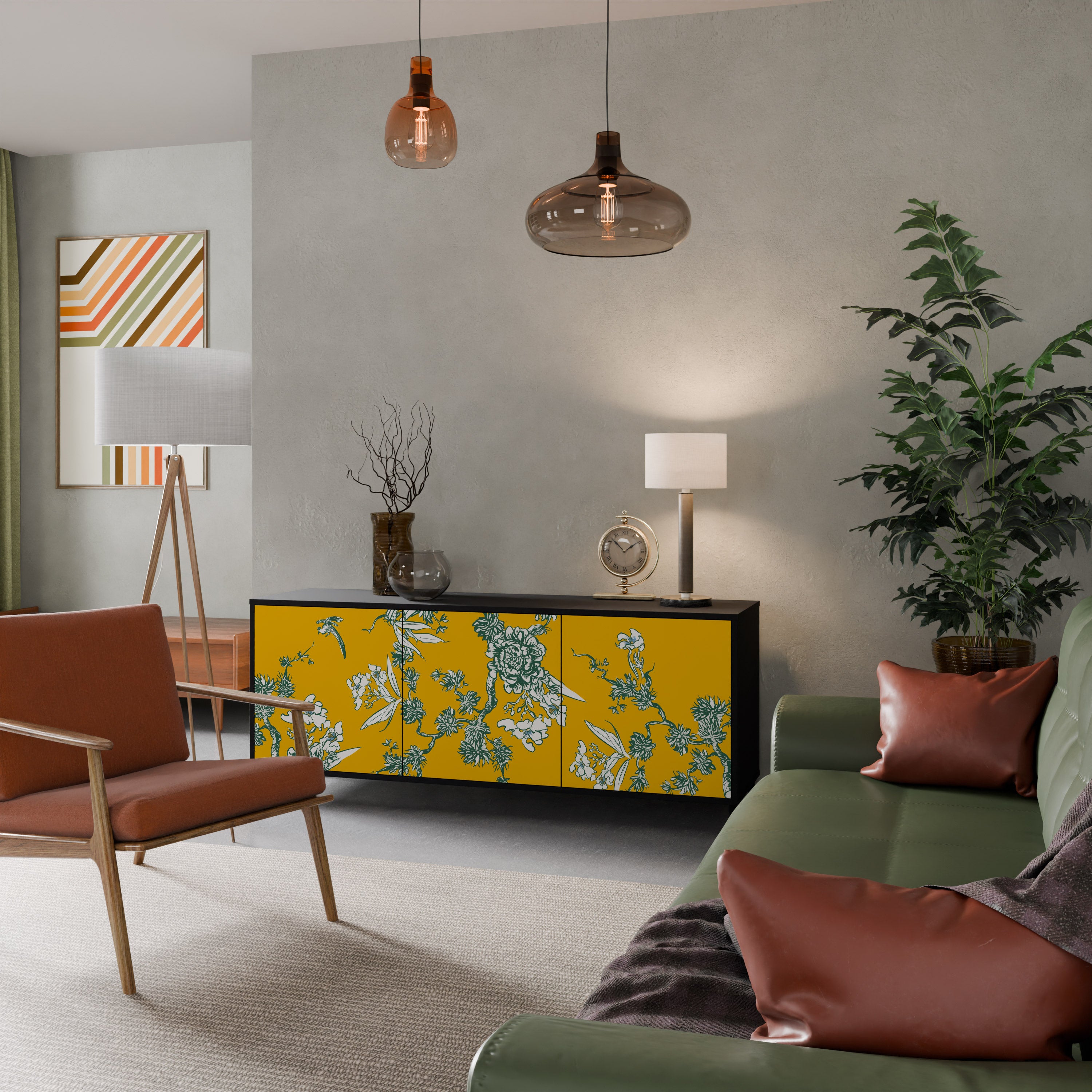 YELLOW CHINOISERIE 3-Door Sideboard in Black Finish