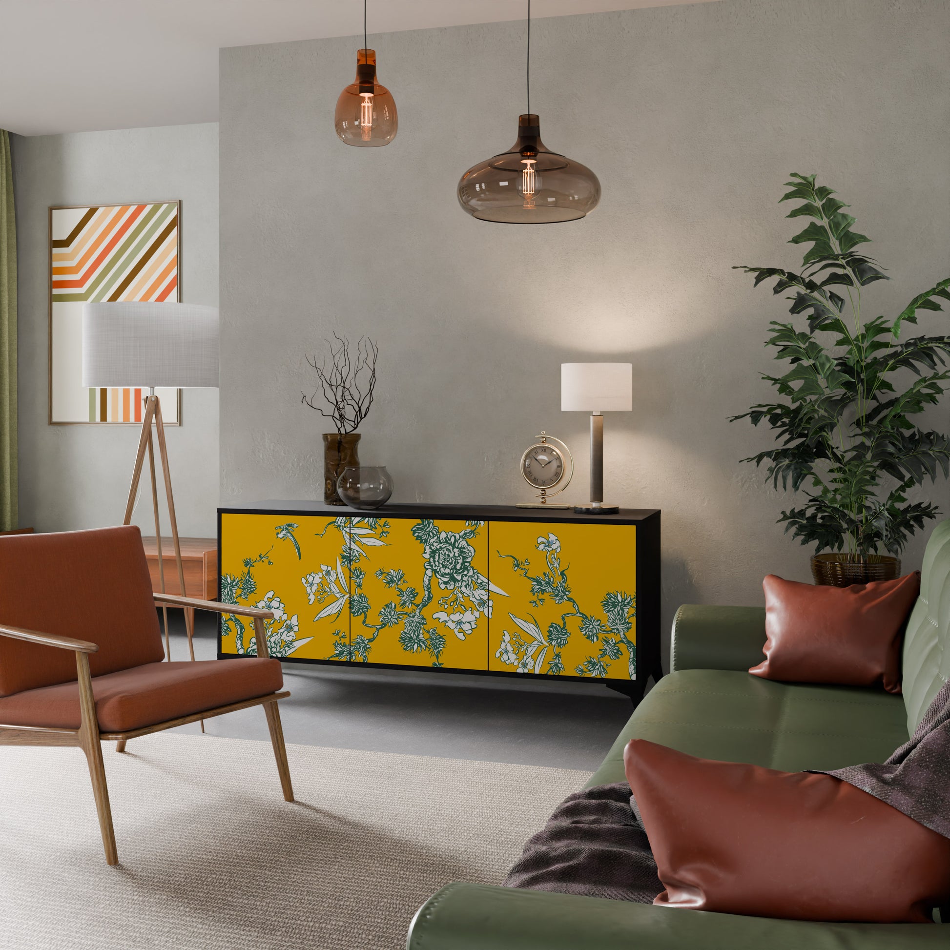 YELLOW CHINOISERIE 3-Door Sideboard in Black Finish