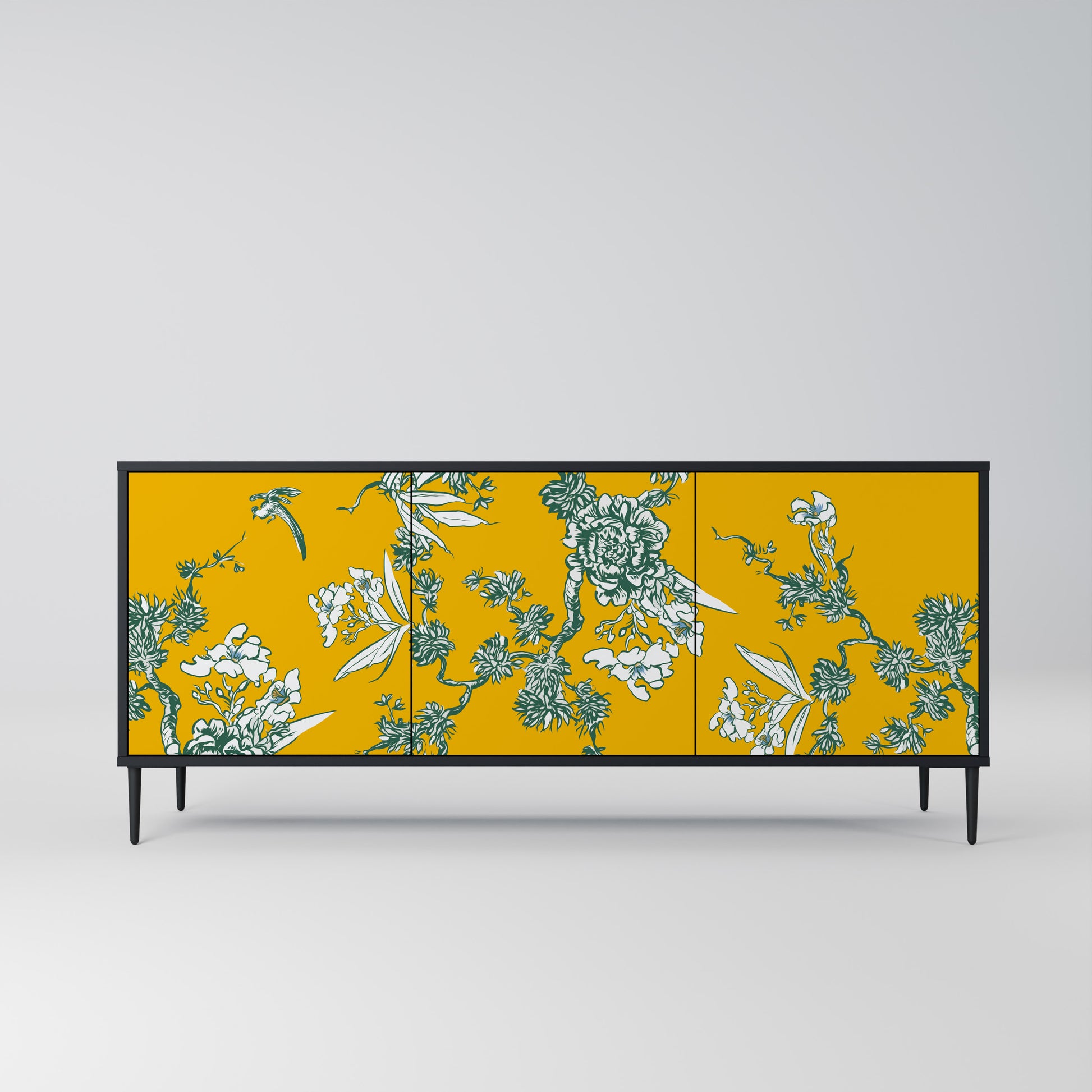 YELLOW CHINOISERIE 3-Door Sideboard in Black Finish