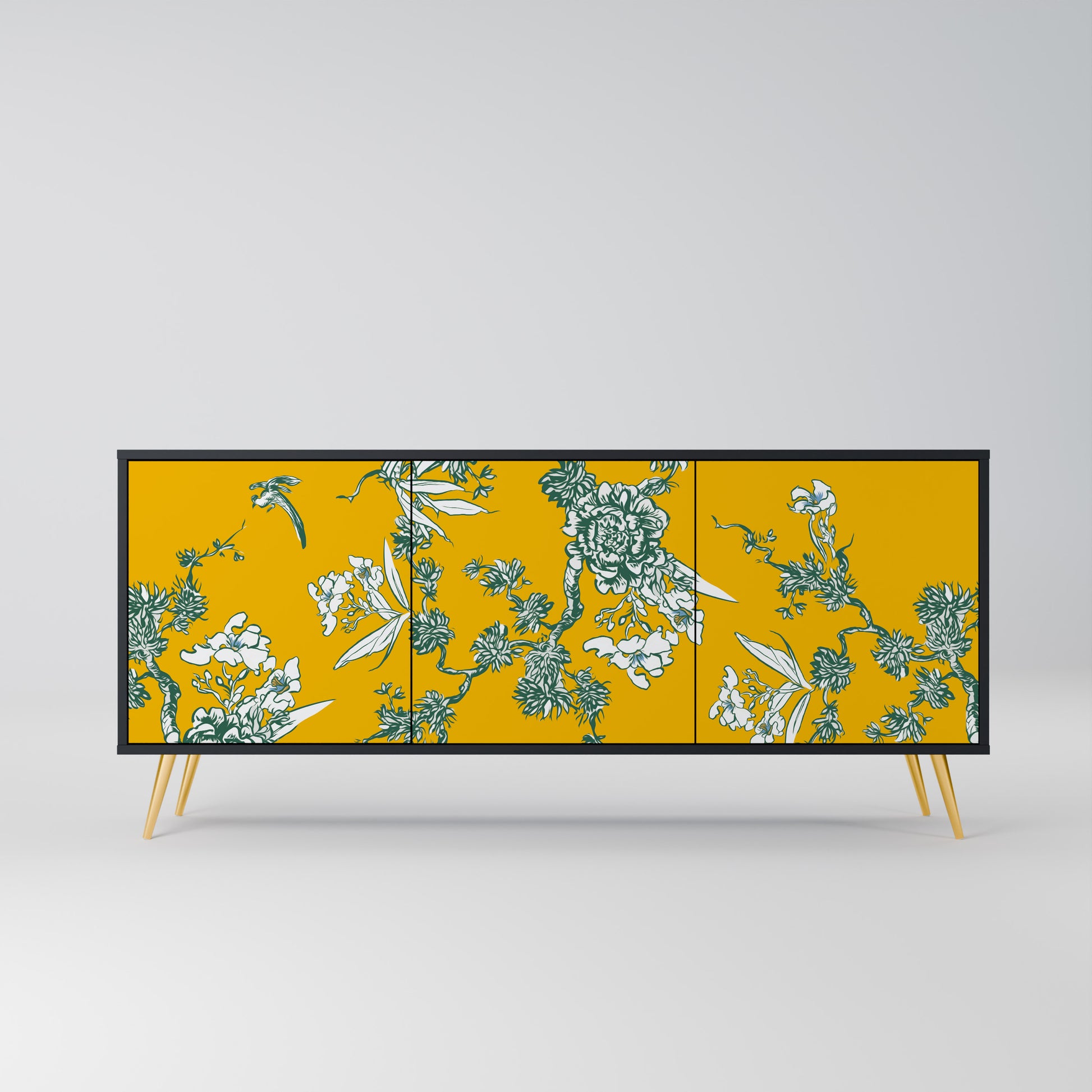 YELLOW CHINOISERIE 3-Door Sideboard in Black Finish