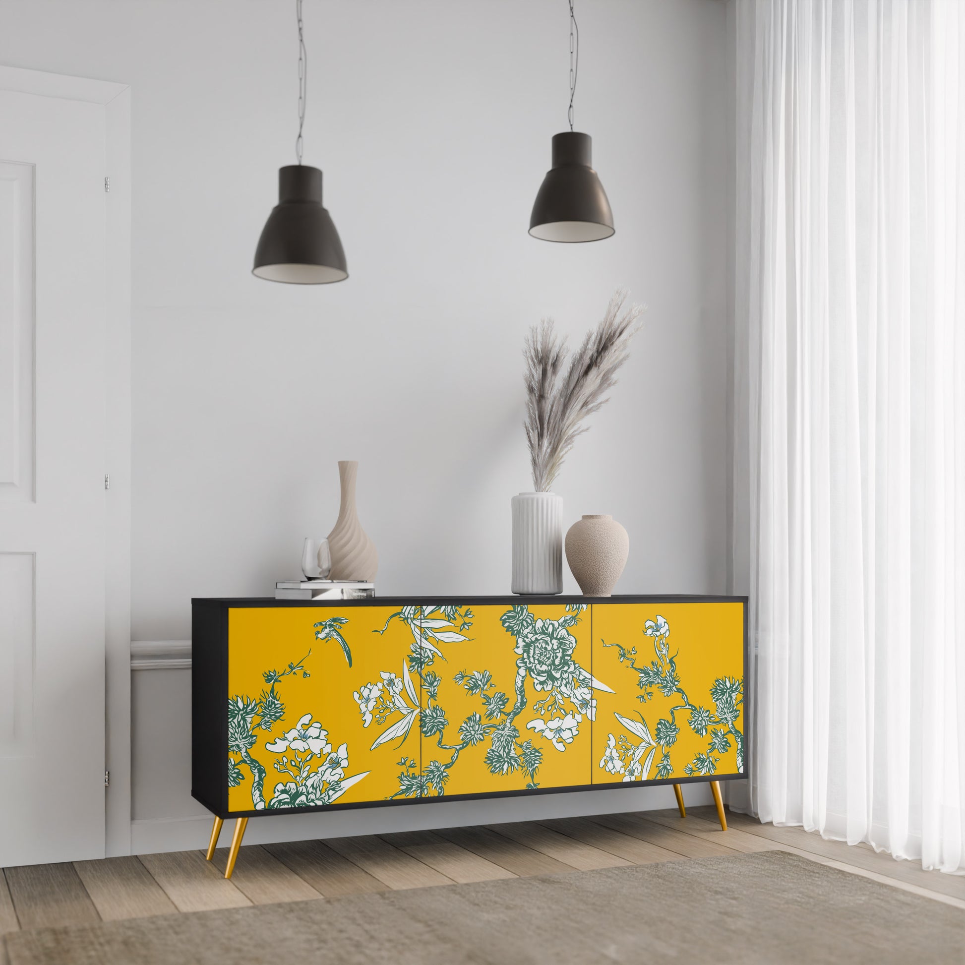 YELLOW CHINOISERIE 3-Door Sideboard in Black Finish