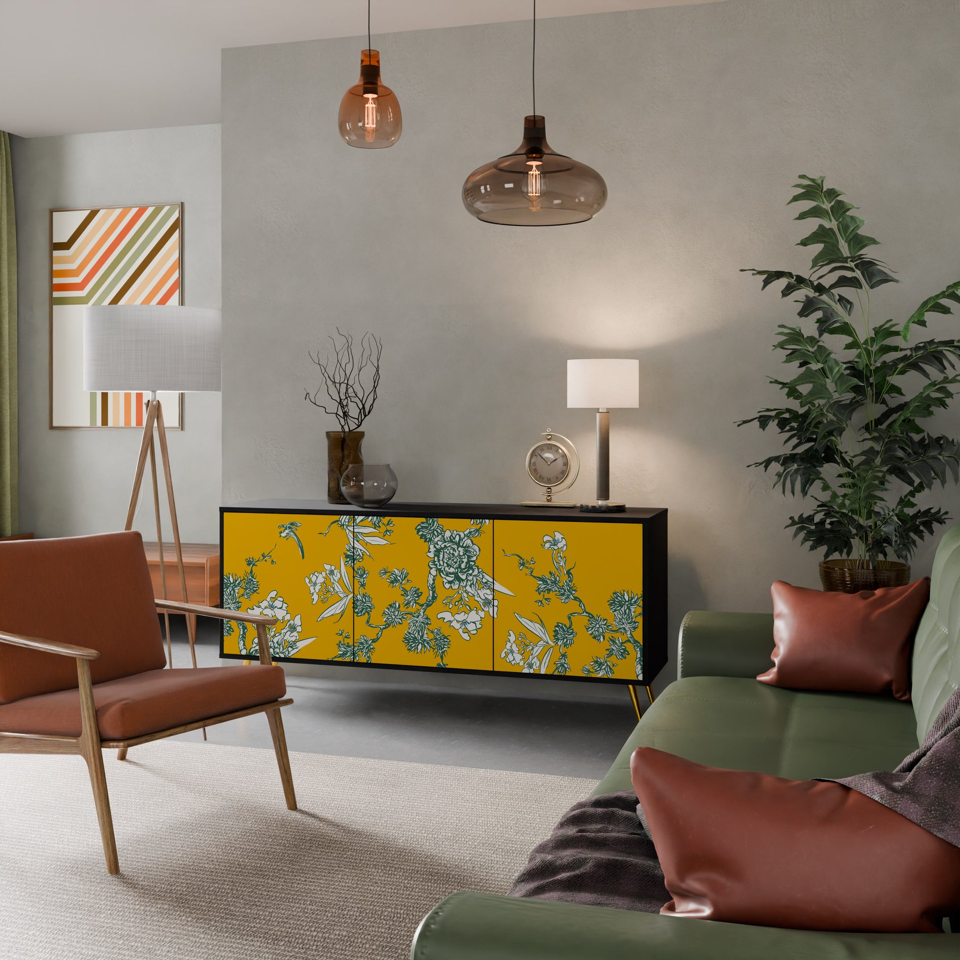 YELLOW CHINOISERIE 3-Door Sideboard in Black Finish
