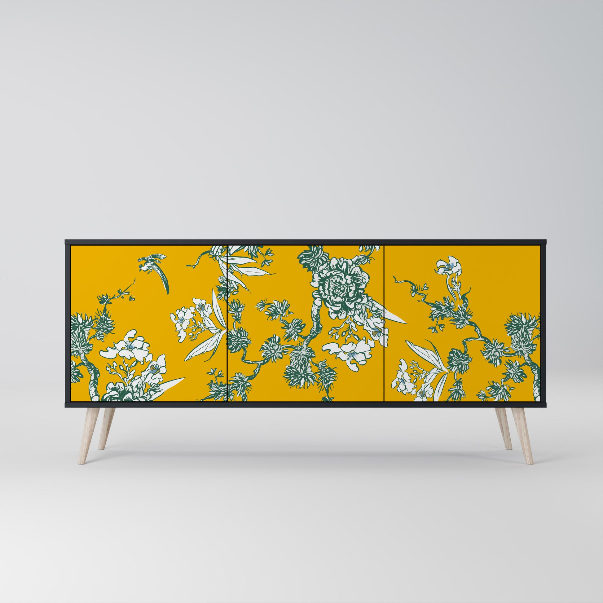 YELLOW CHINOISERIE 3-Door Sideboard in Black Finish