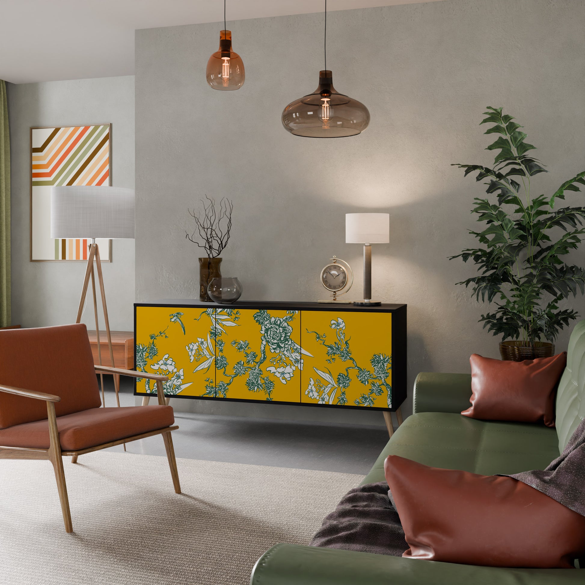 YELLOW CHINOISERIE 3-Door Sideboard in Black Finish