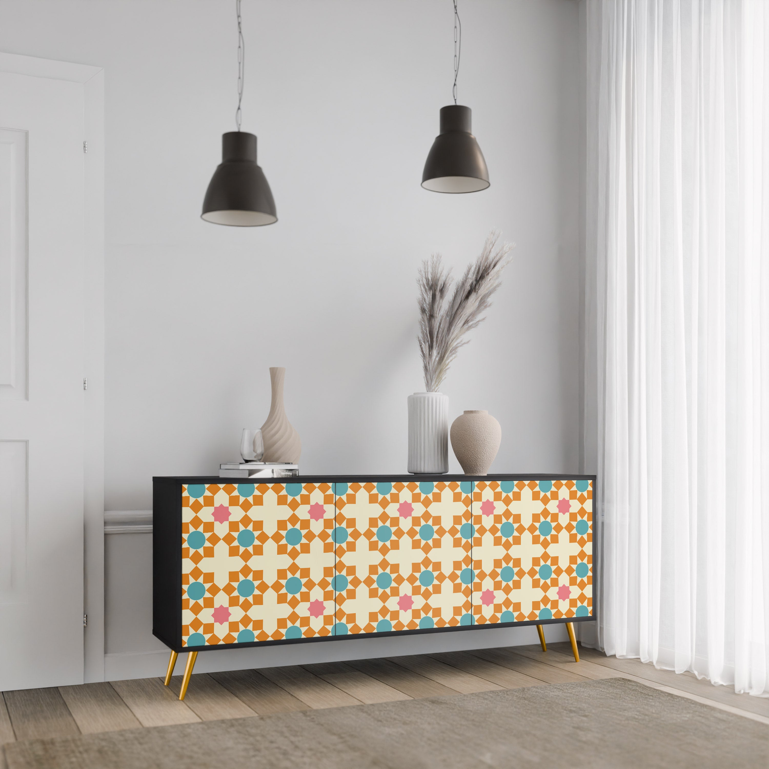 FLORAL DECOR 3-Door Sideboard in Black Finish