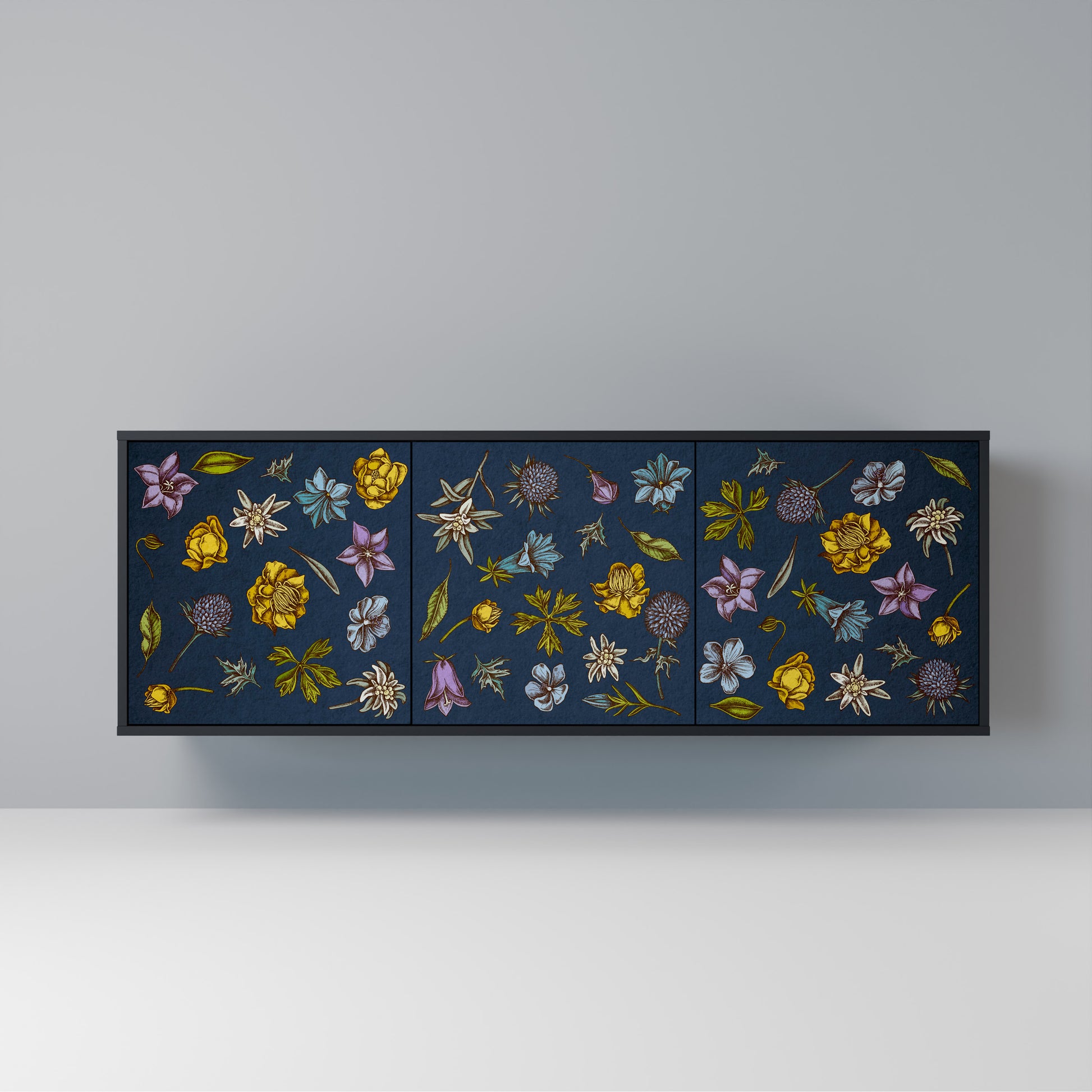 FLOWERS ON NAVY BLUE 3-Door Sideboard in Black Finish