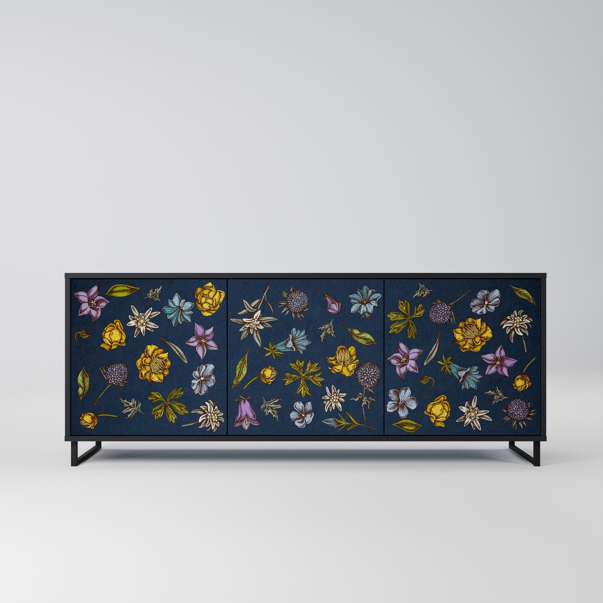 FLOWERS ON NAVY BLUE 3-Door Sideboard in Black Finish