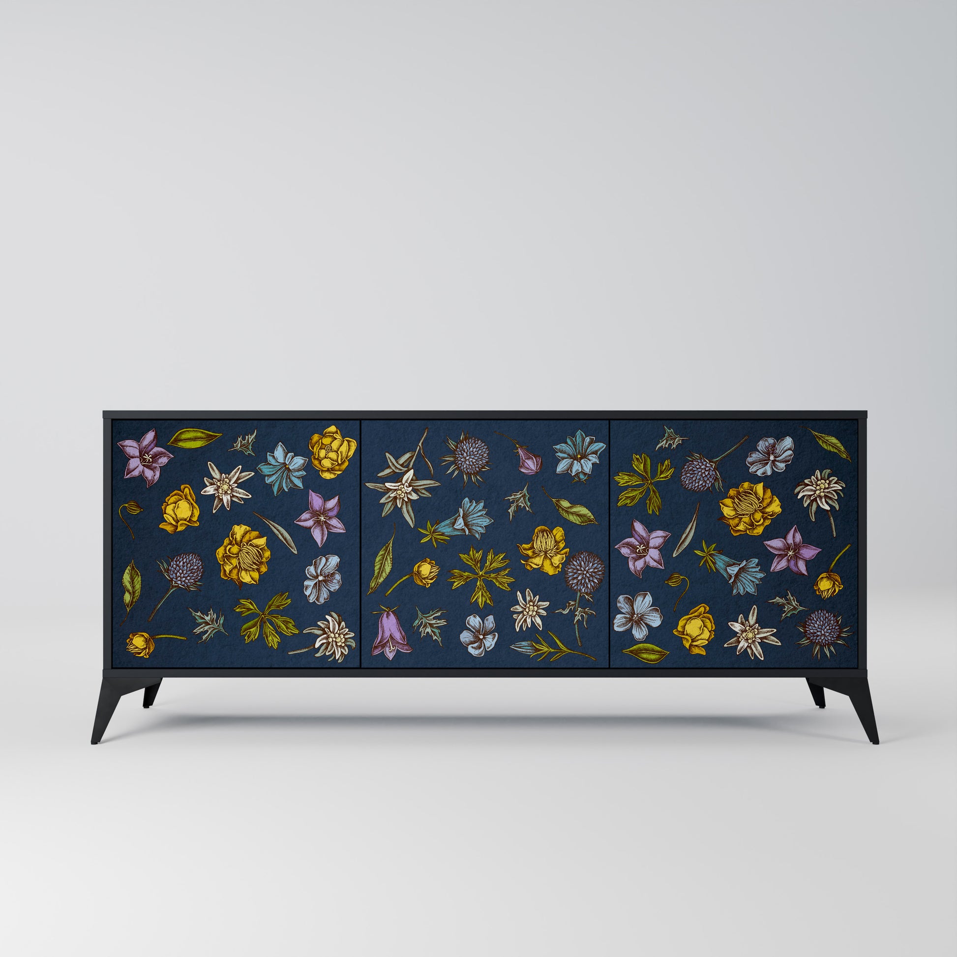 FLOWERS ON NAVY BLUE 3-Door Sideboard in Black Finish