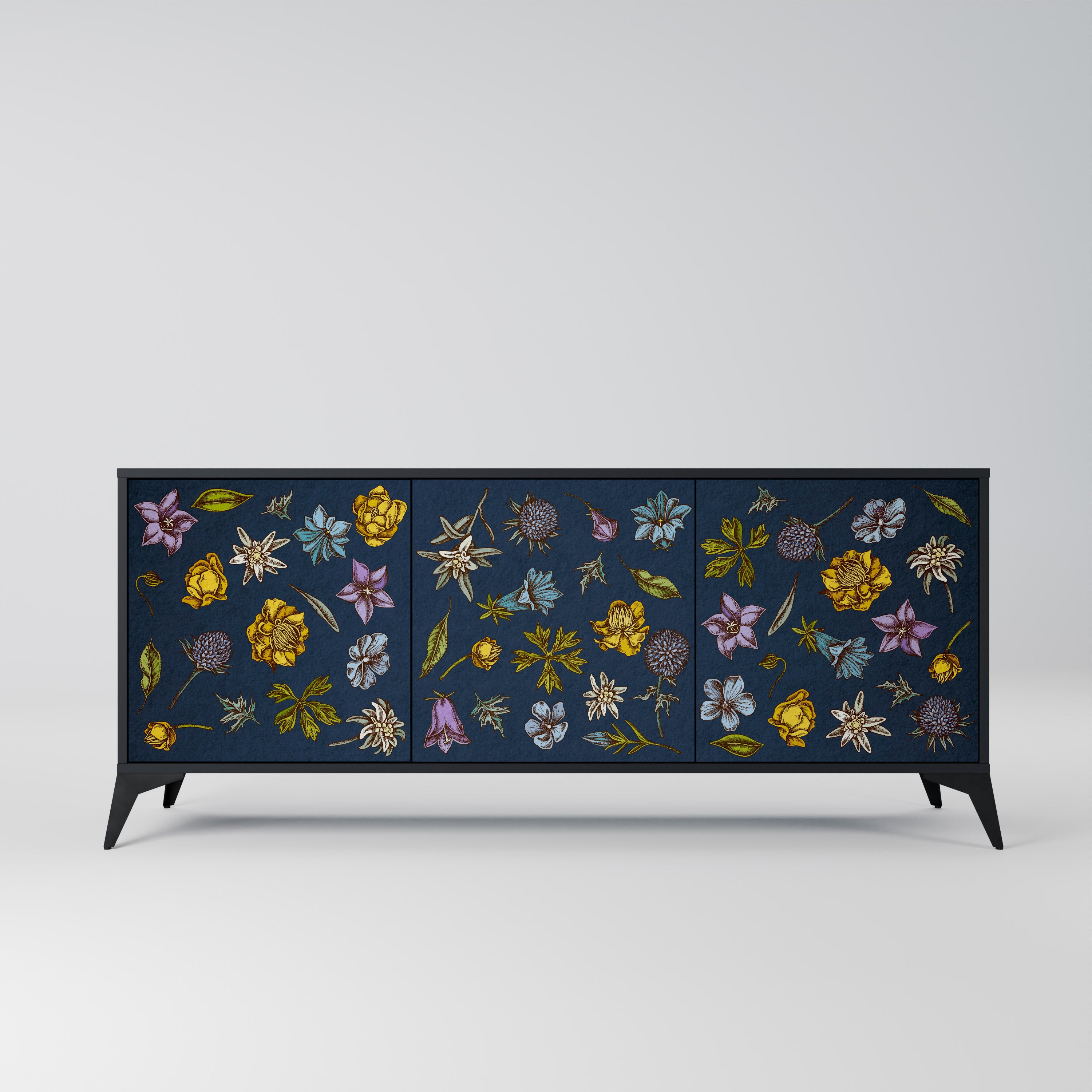 FLOWERS ON NAVY BLUE 3-Door Sideboard in Black Finish