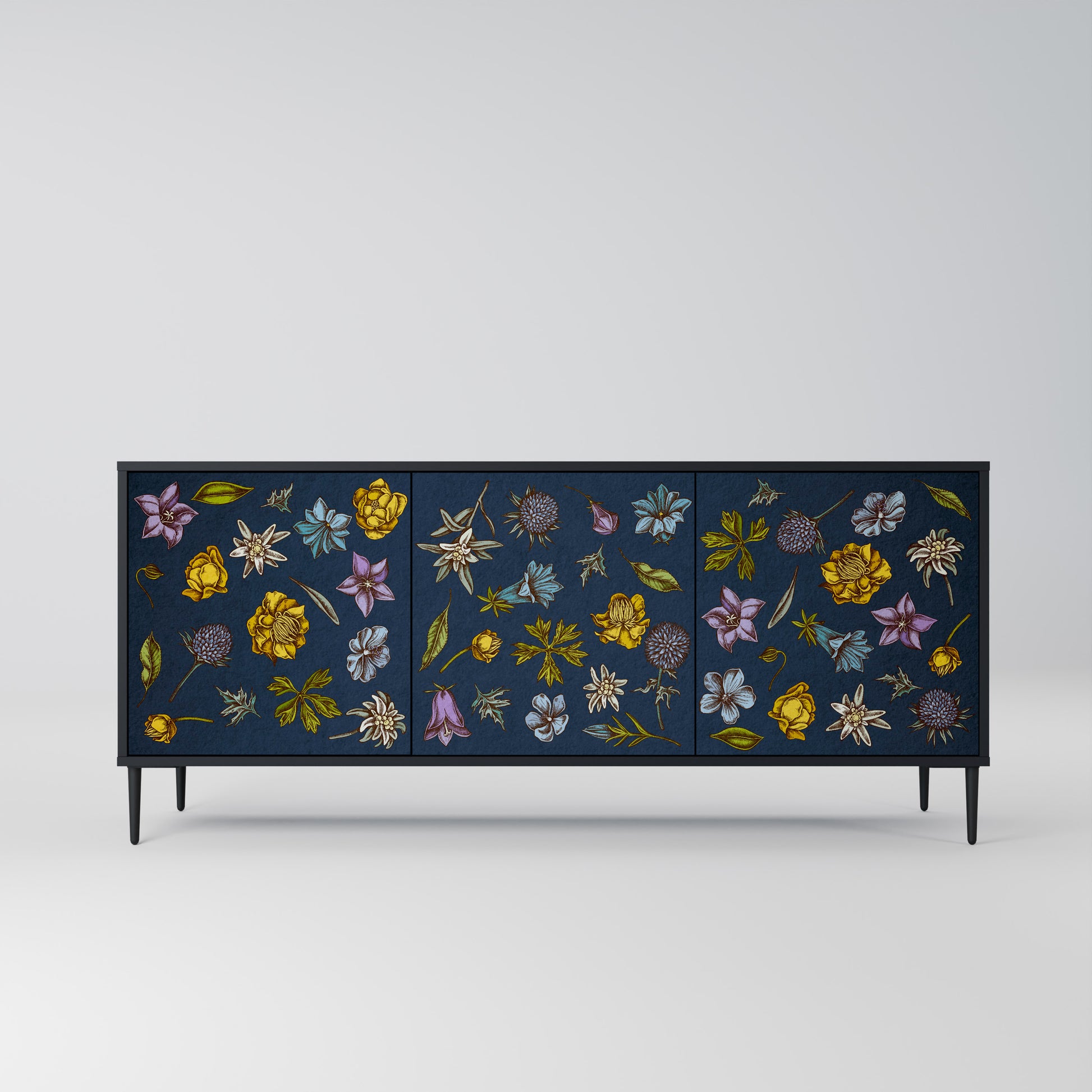 FLOWERS ON NAVY BLUE 3-Door Sideboard in Black Finish