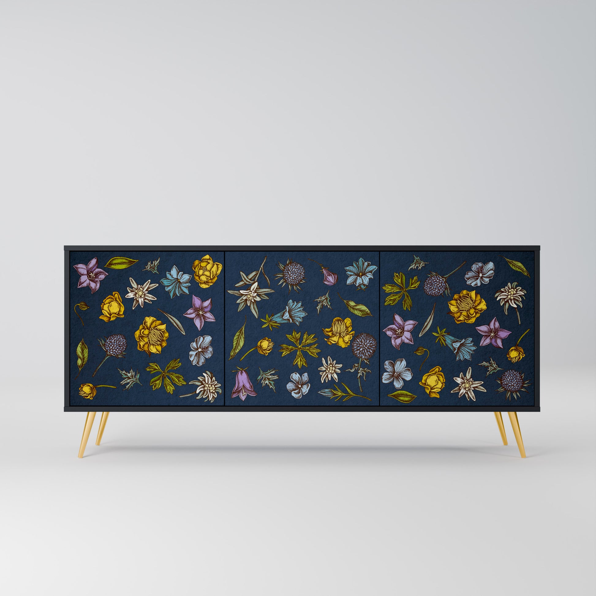 FLOWERS ON NAVY BLUE 3-Door Sideboard in Black Finish