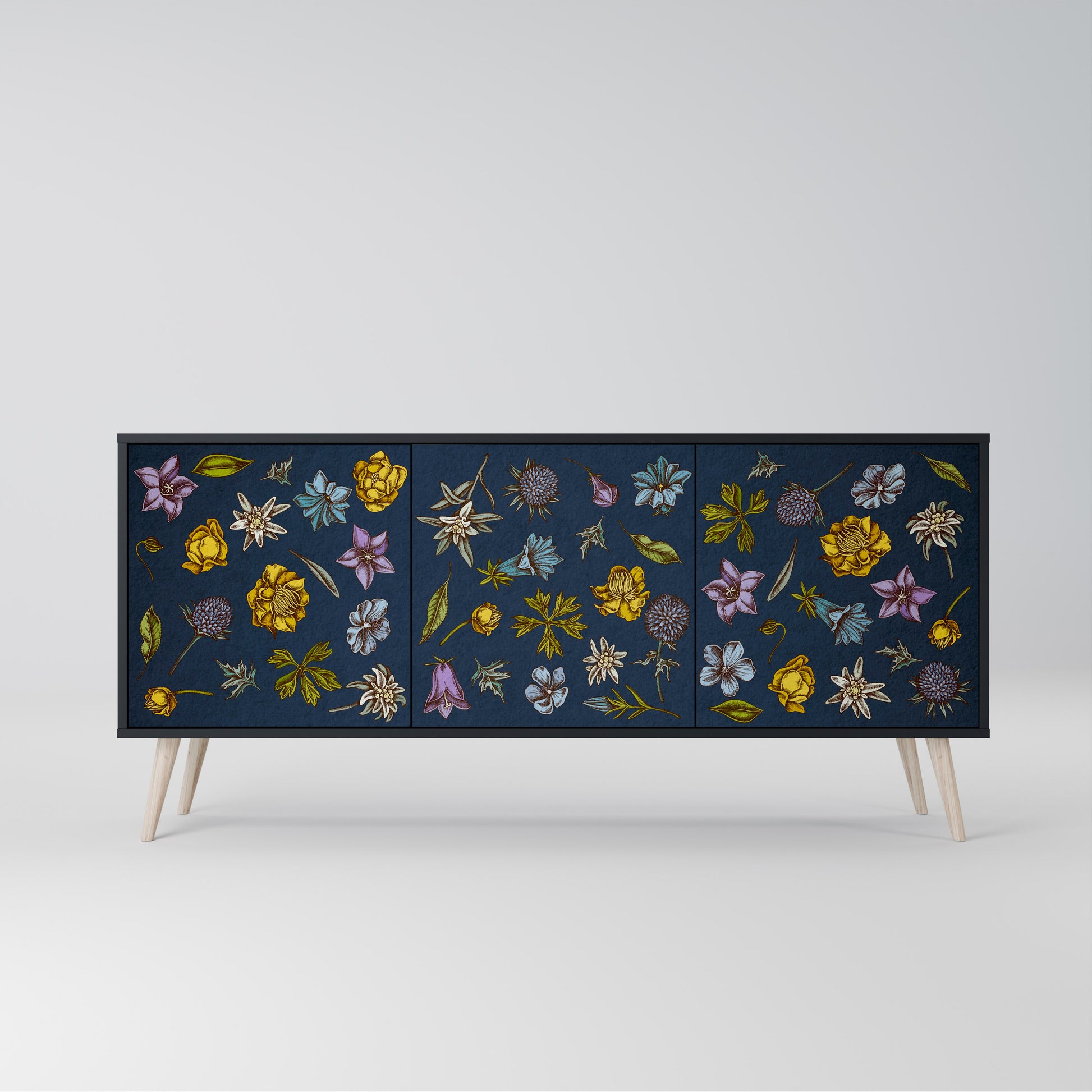 FLOWERS ON NAVY BLUE 3-Door Sideboard in Black Finish