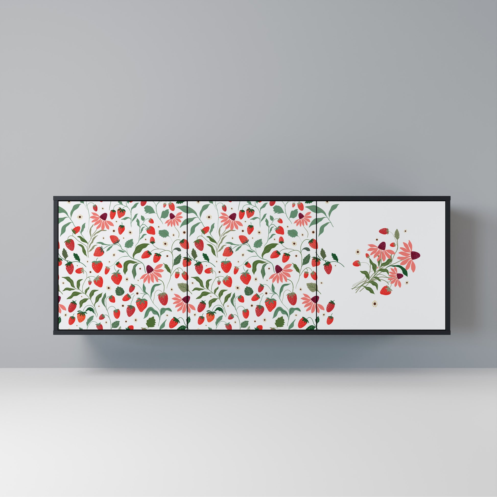 FLOWERS AND STRAWBERRIES 3-Door Sideboard in Black Finish
