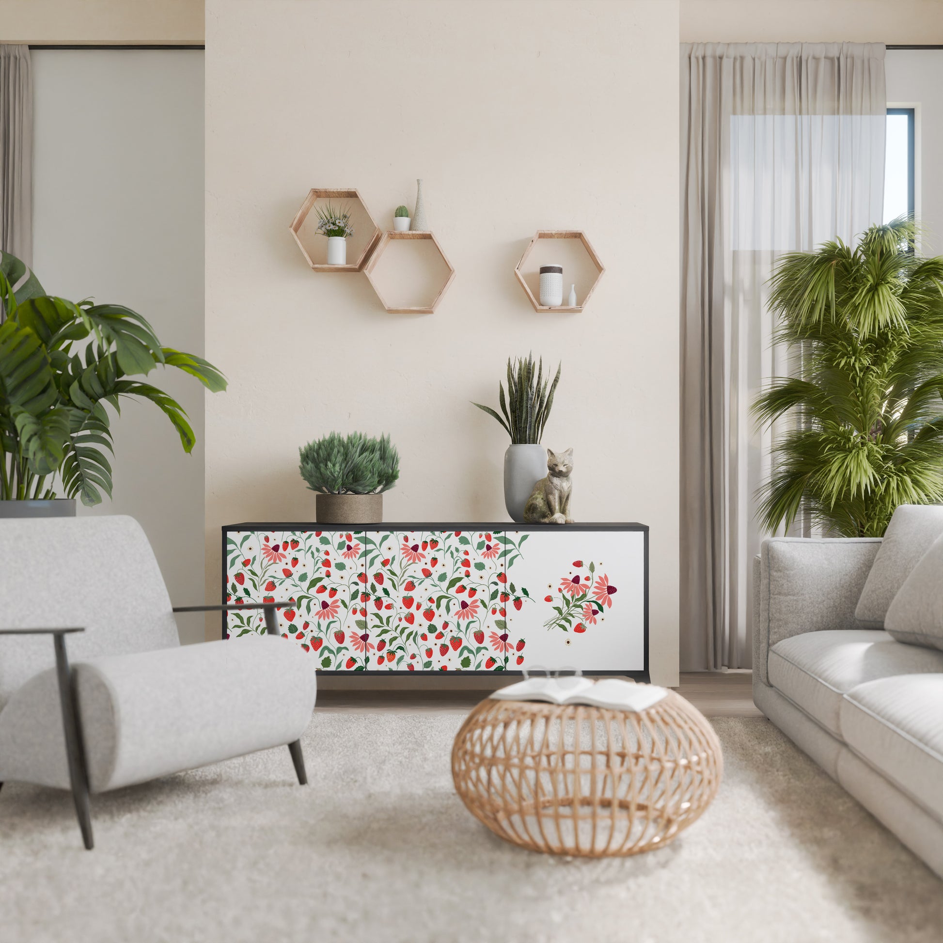 FLOWERS AND STRAWBERRIES 3-Door Sideboard in Black Finish