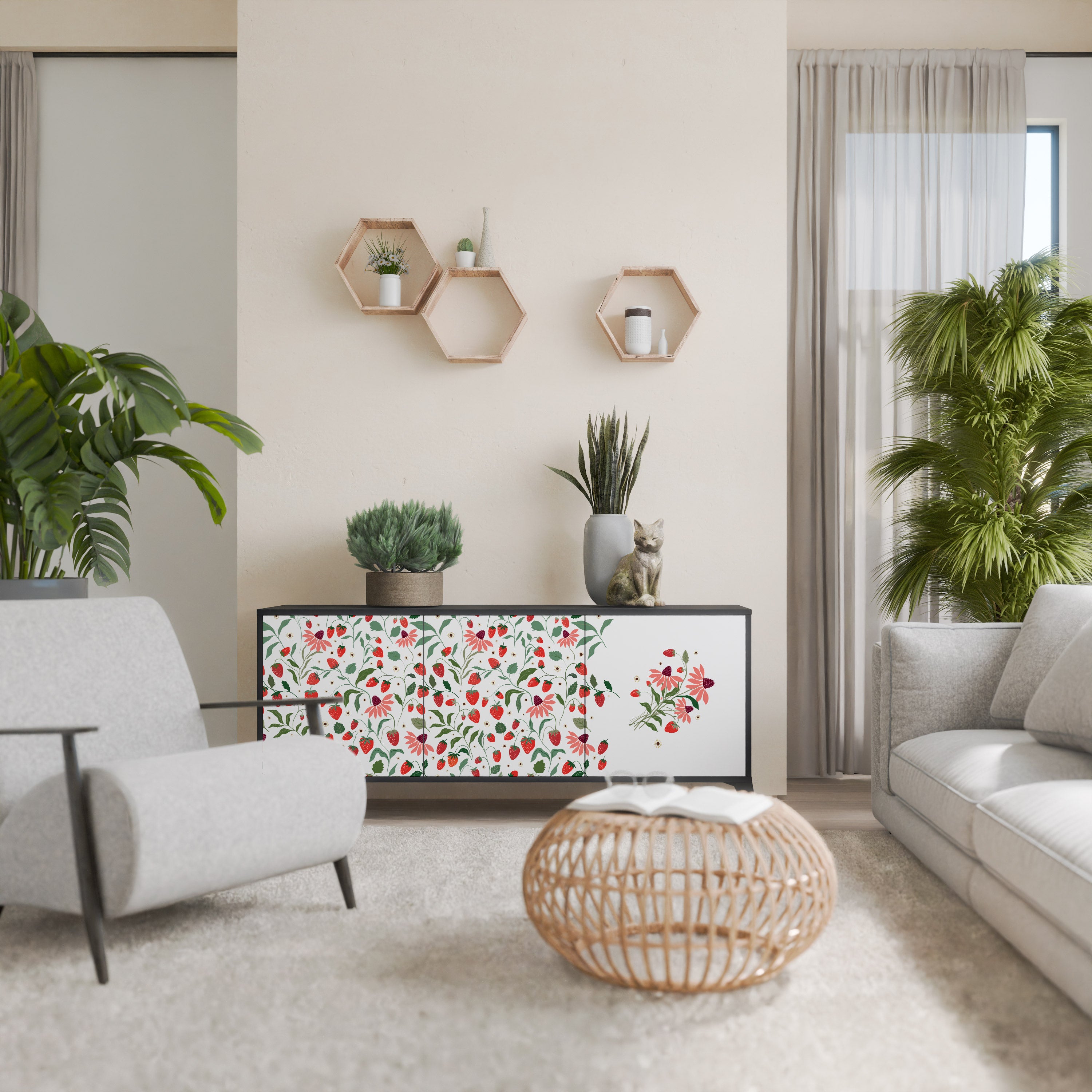 FLOWERS AND STRAWBERRIES 3-Door Sideboard in Black Finish