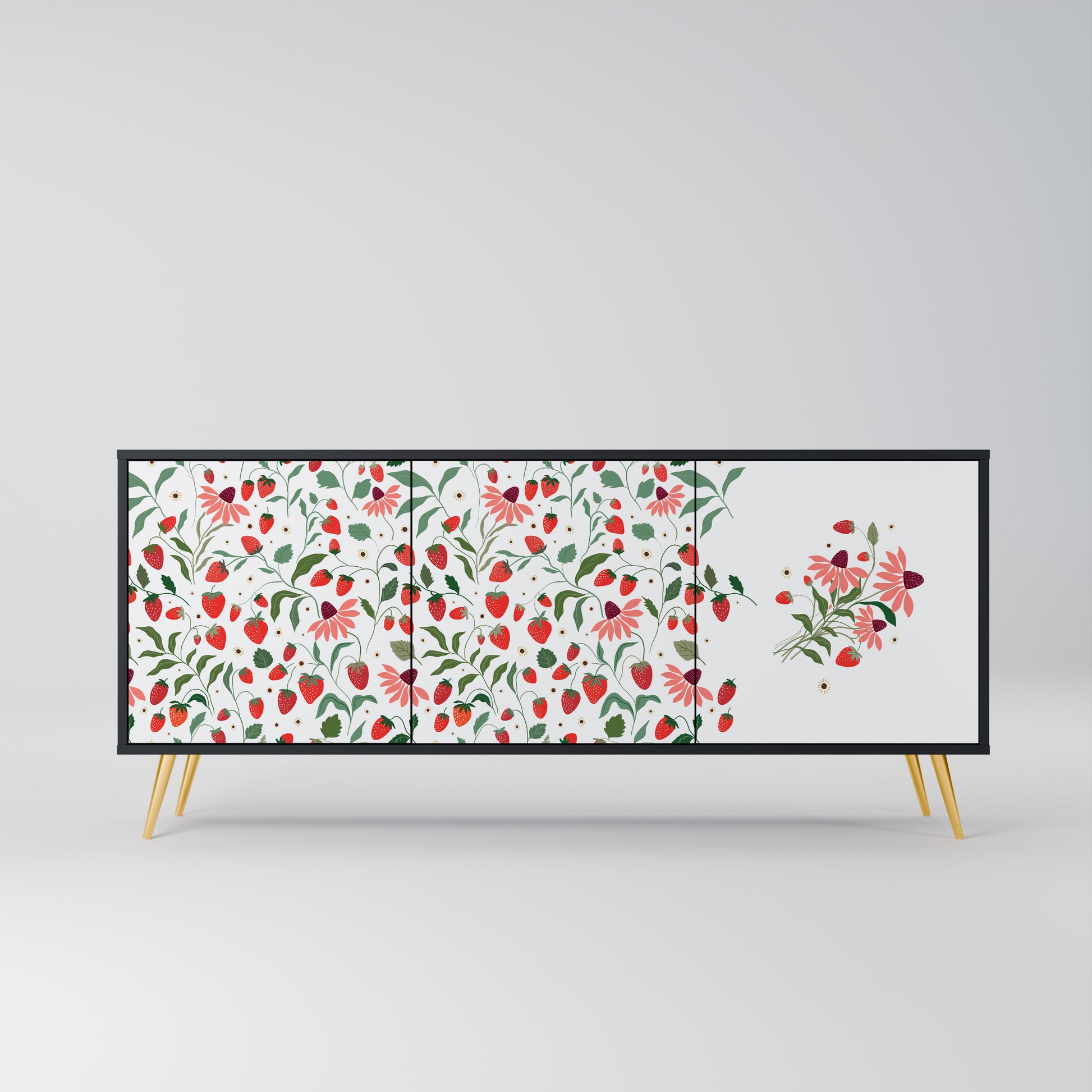 FLOWERS AND STRAWBERRIES 3-Door Sideboard in Black Finish