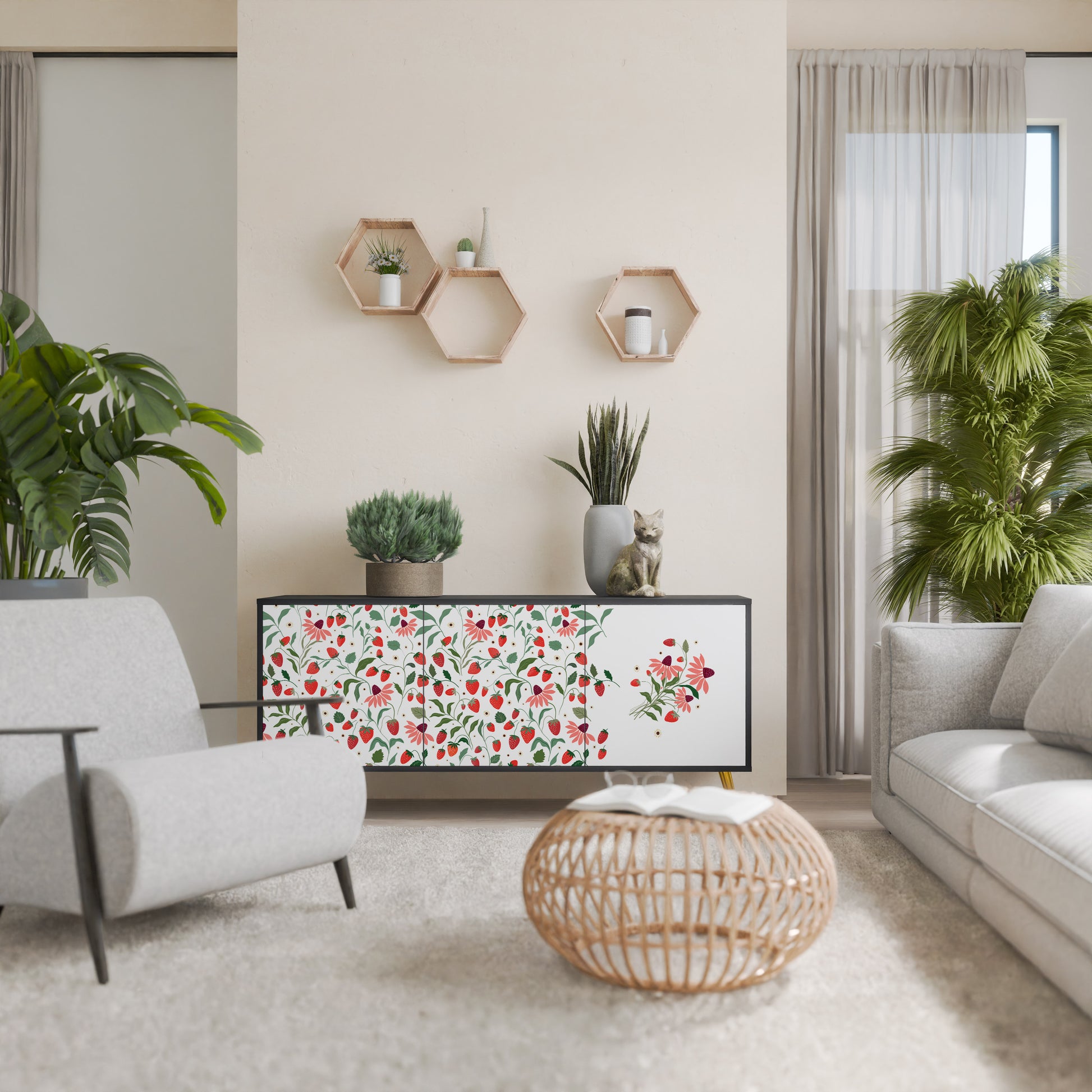 FLOWERS AND STRAWBERRIES 3-Door Sideboard in Black Finish